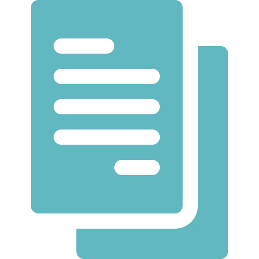 Icon of two overlapping teal documents with horizontal lines representing text.