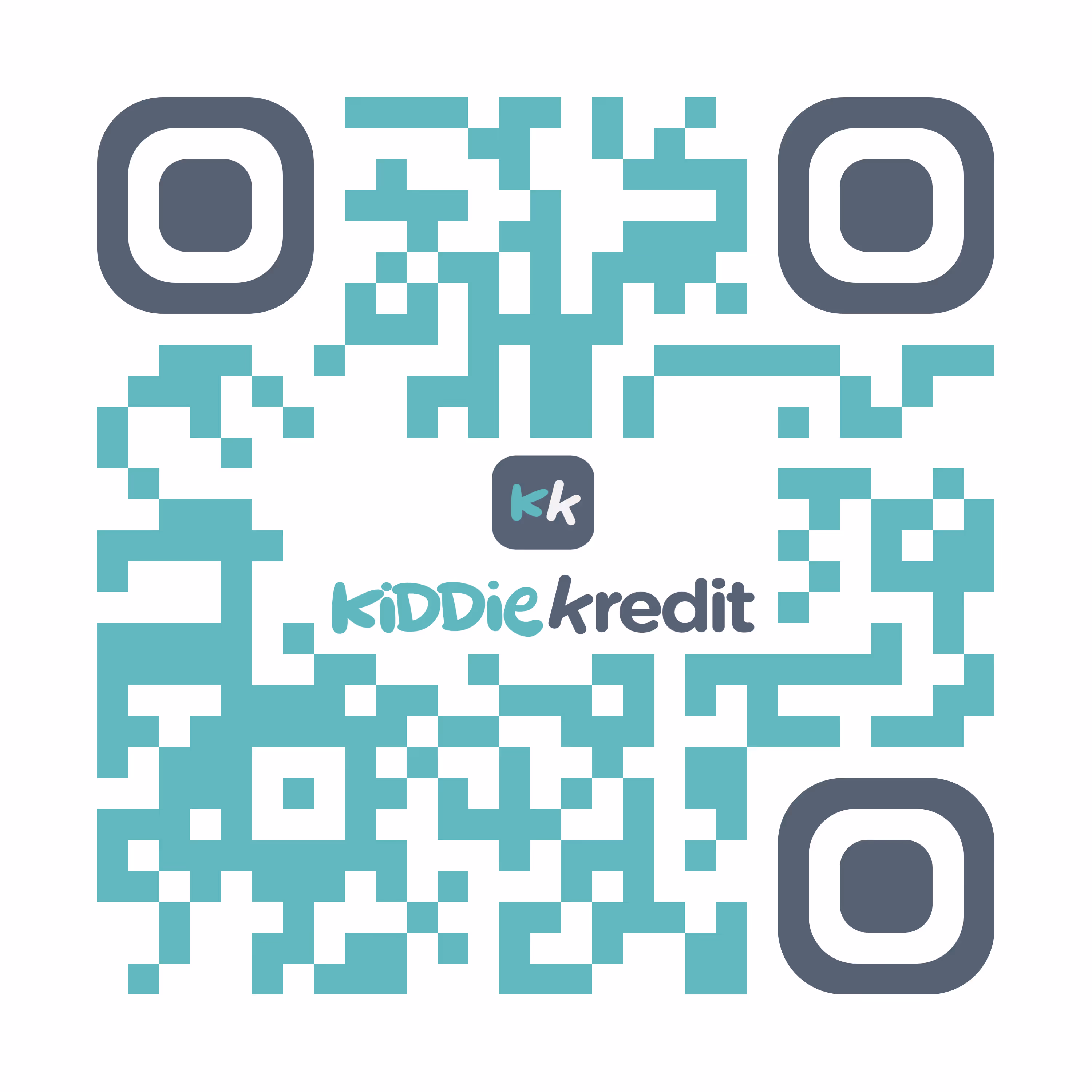 Customized turquoise and gray QR code with the Kiddie Kredit logo in the center.
