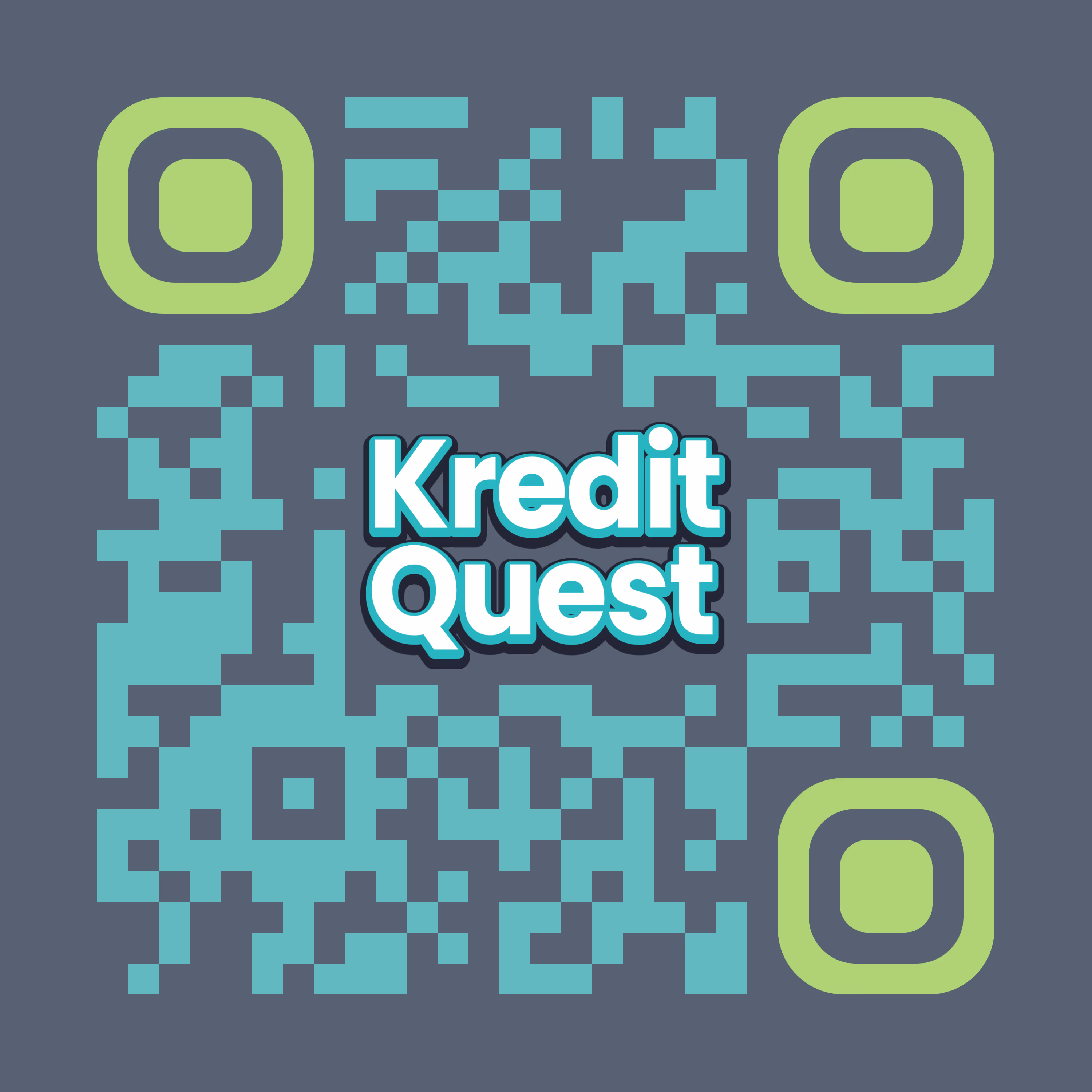 QR code with green corners and blue squares on a dark background, featuring the text 'Kredit Quest' in the center.