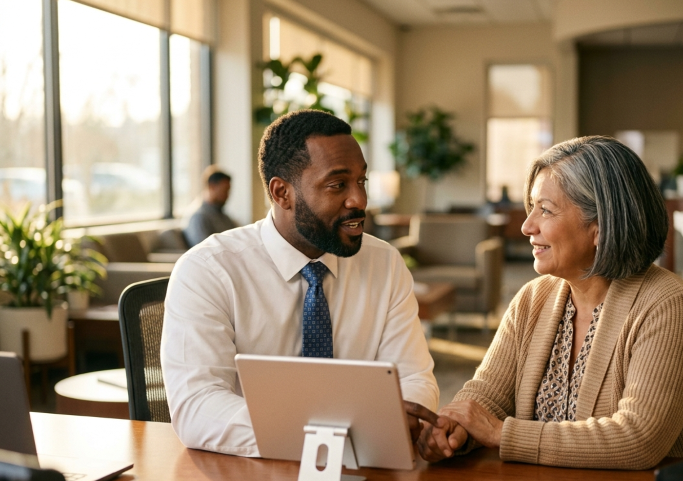 A credit union advisor and a member reviewing a tablet together at a branch desk
