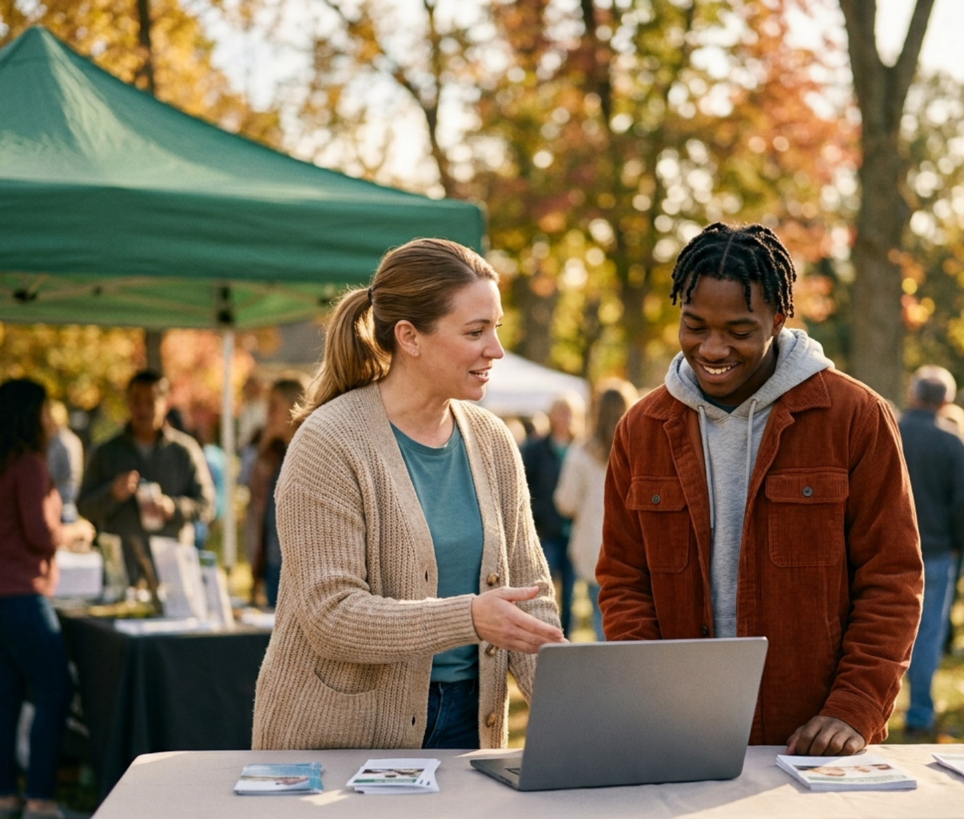 A credit union staff member showing a young man something on a laptop at a community event
