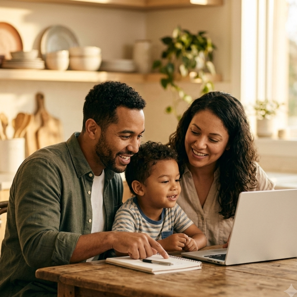 A father, mother and toddler at their kitchen table looking at a laptop together in morning light