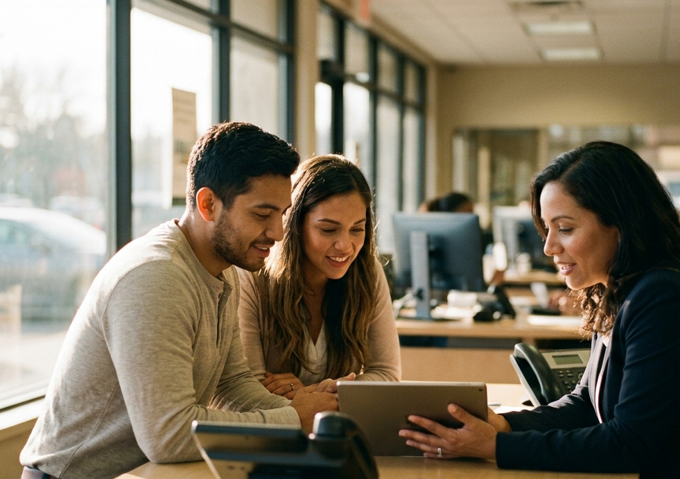 A loan officer and a young couple looking at a tablet together at a branch desk