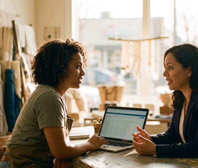 A banker and a small-business owner going over a laptop in her shop
