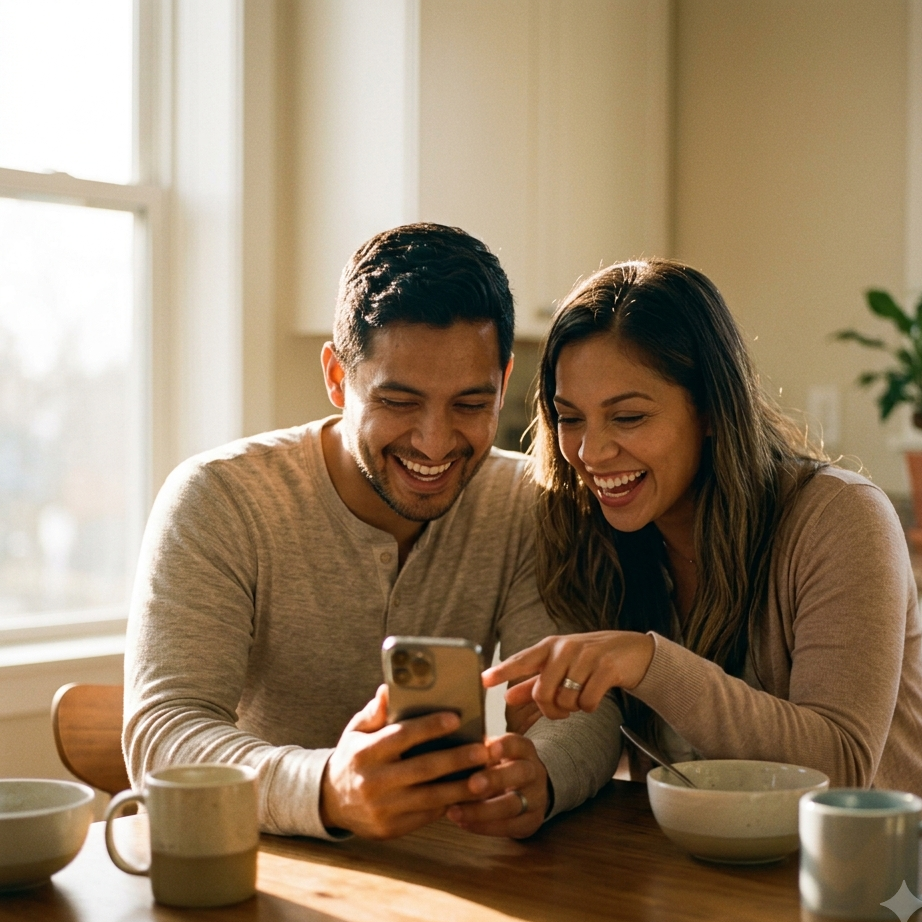 A couple at a kitchen table laughing at something on a phone