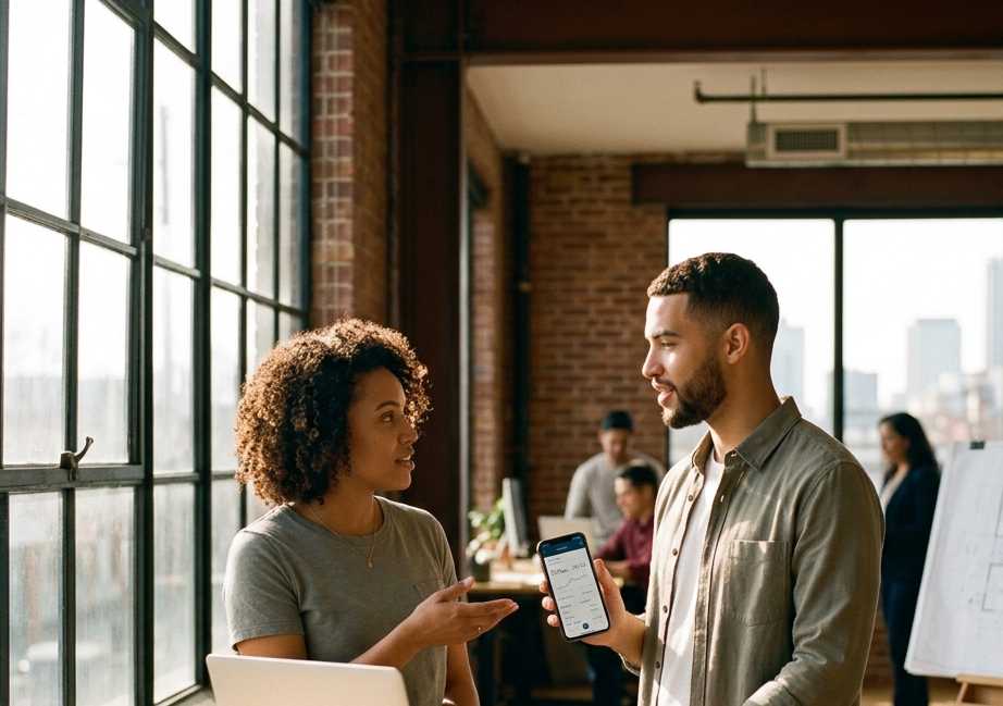 Two product people at a standing desk, one showing an app on a phone