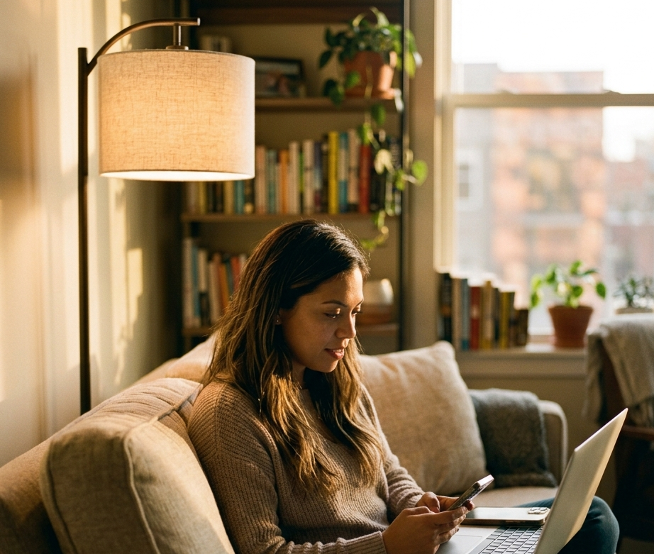 A woman on a couch working across a laptop and a phone