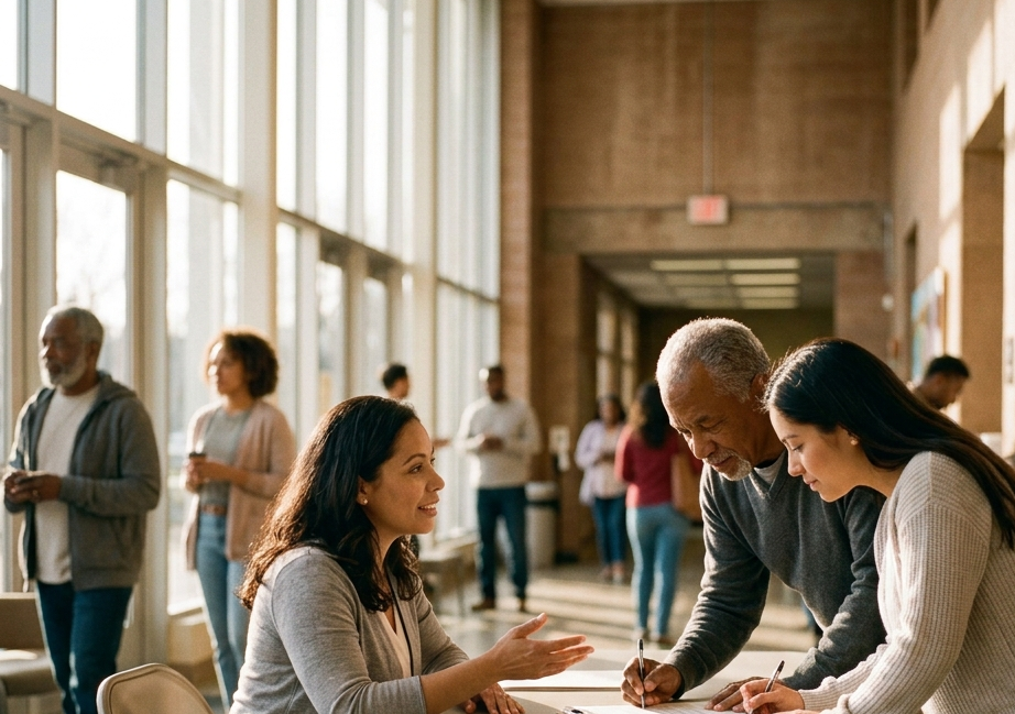 A city program staffer helping two residents fill out a form in a community center lobby
