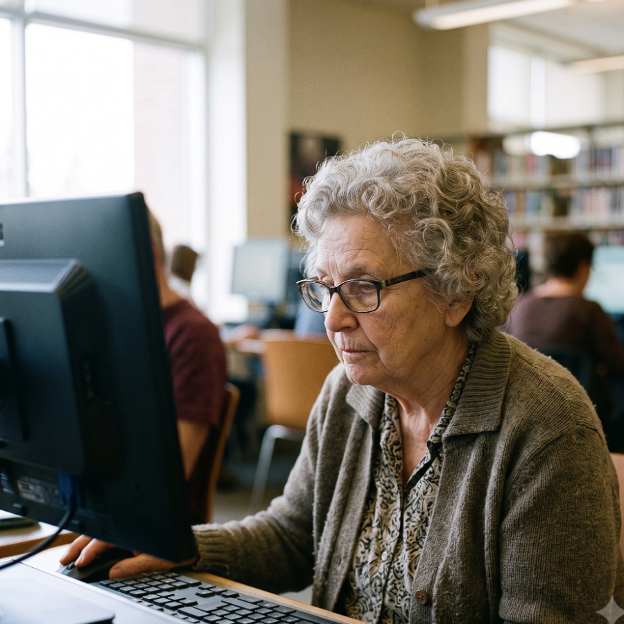 An older woman concentrating at a public library computer