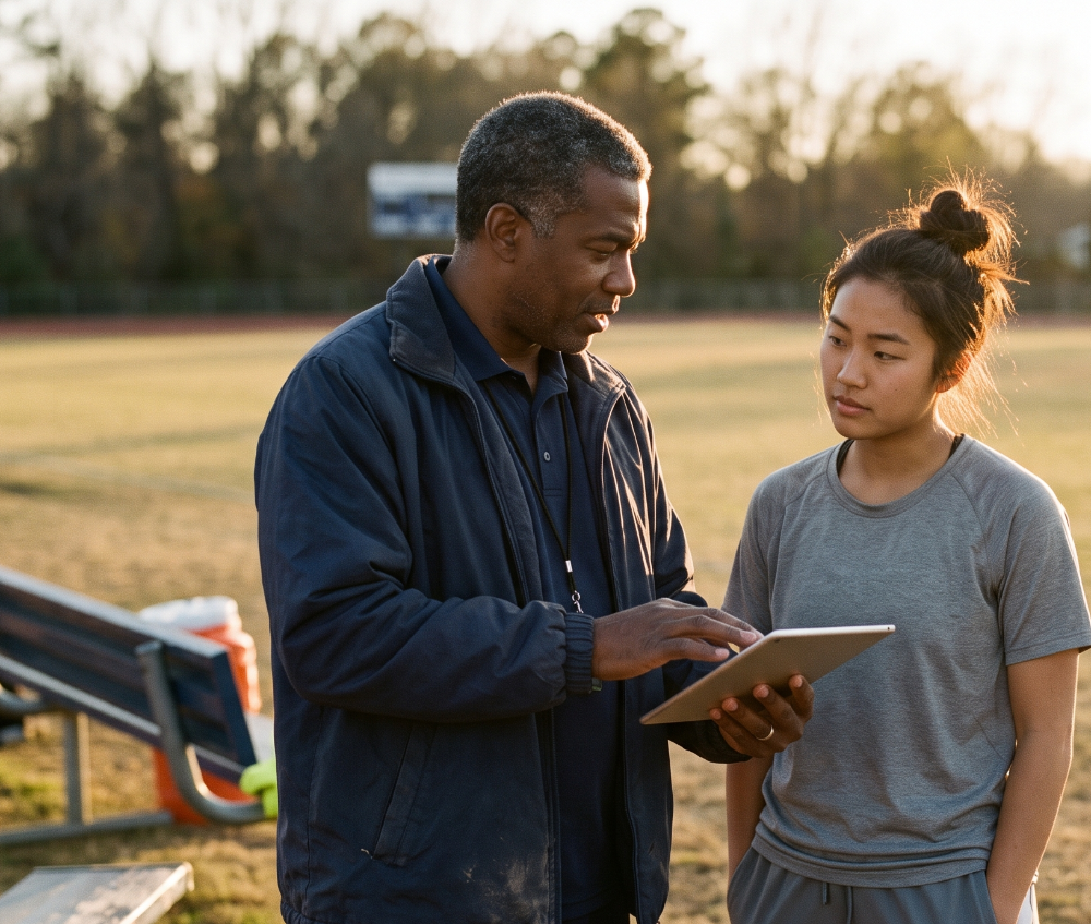 A coach and an athlete going over a tablet on the sideline