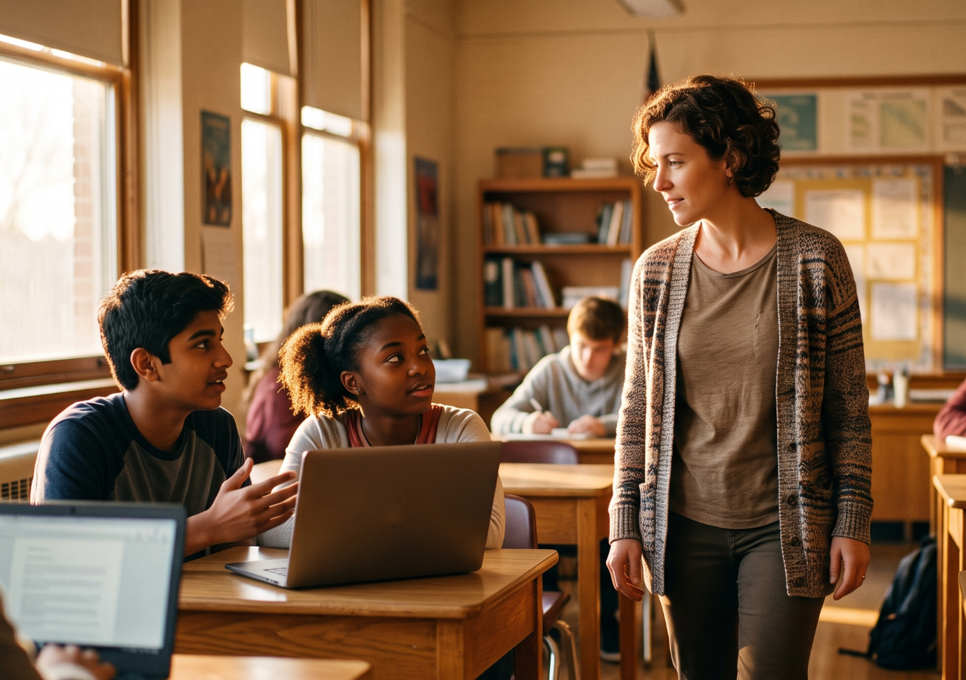 A teacher moving between desks while two students look up from a laptop