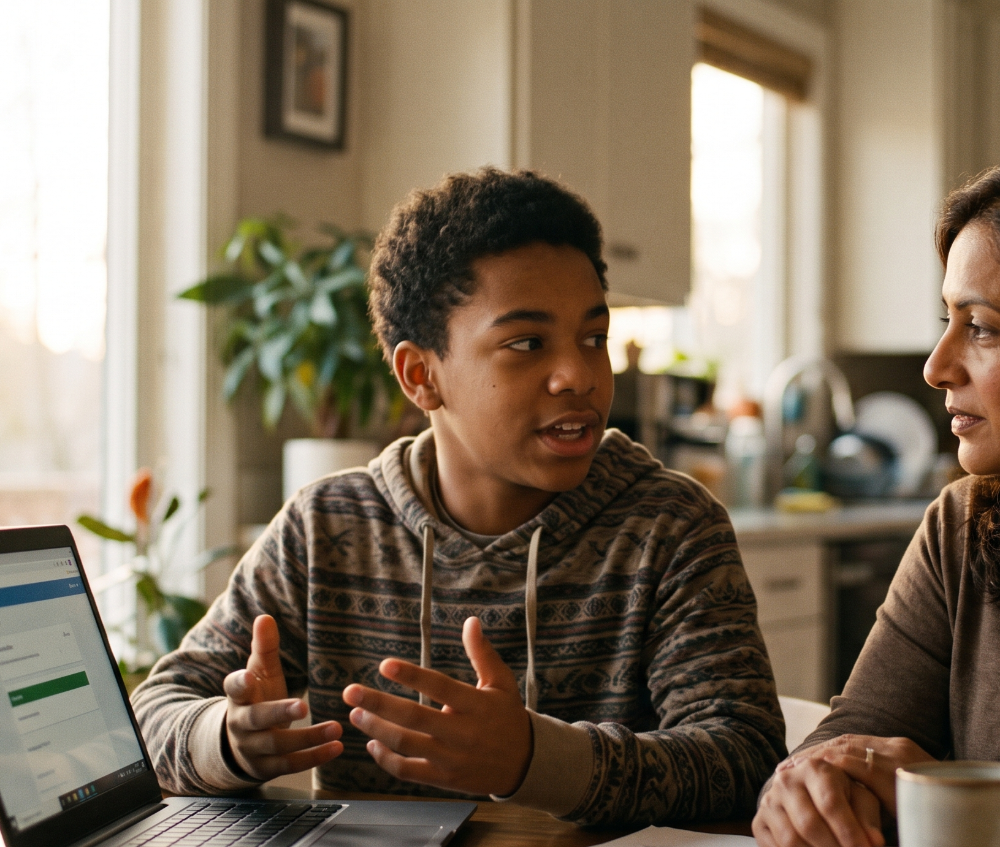 A teenager explaining something on a laptop to a parent at the dining table