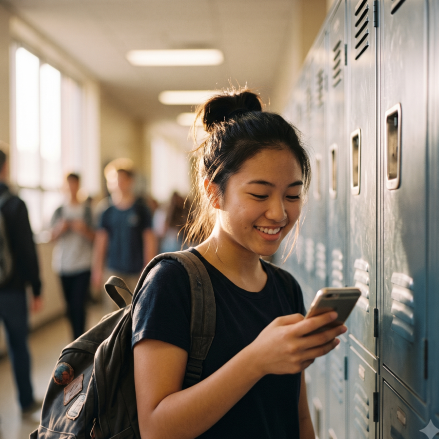 A high school student at her locker smiling at her phone