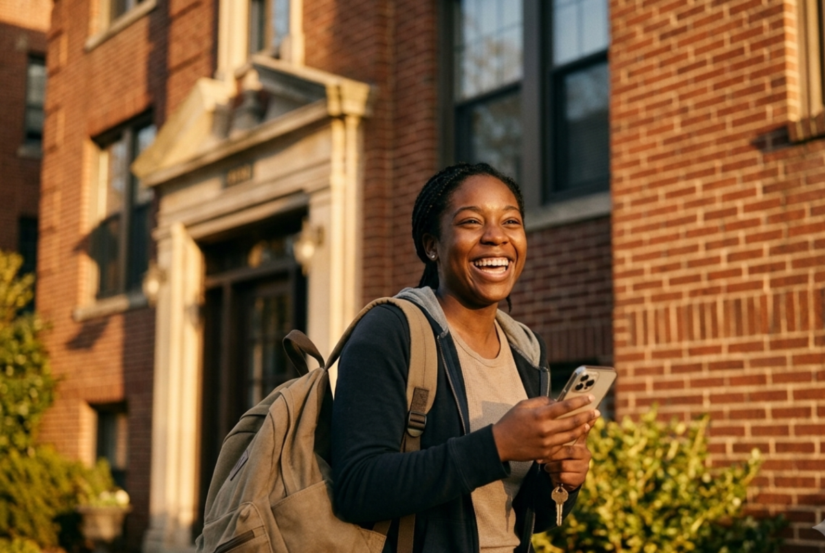 A young woman outside her first apartment checking her phone