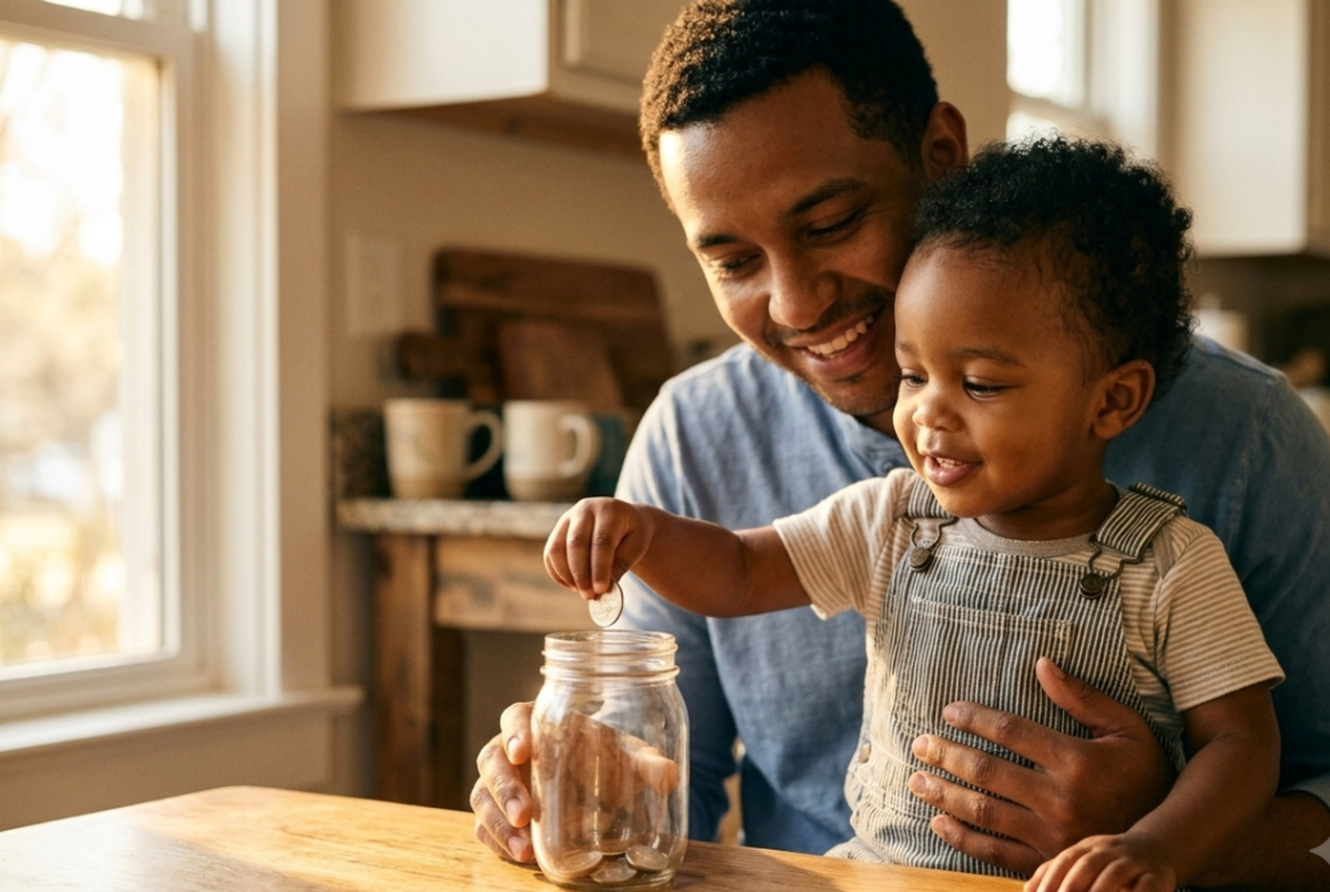 A father and toddler dropping a coin into a savings jar