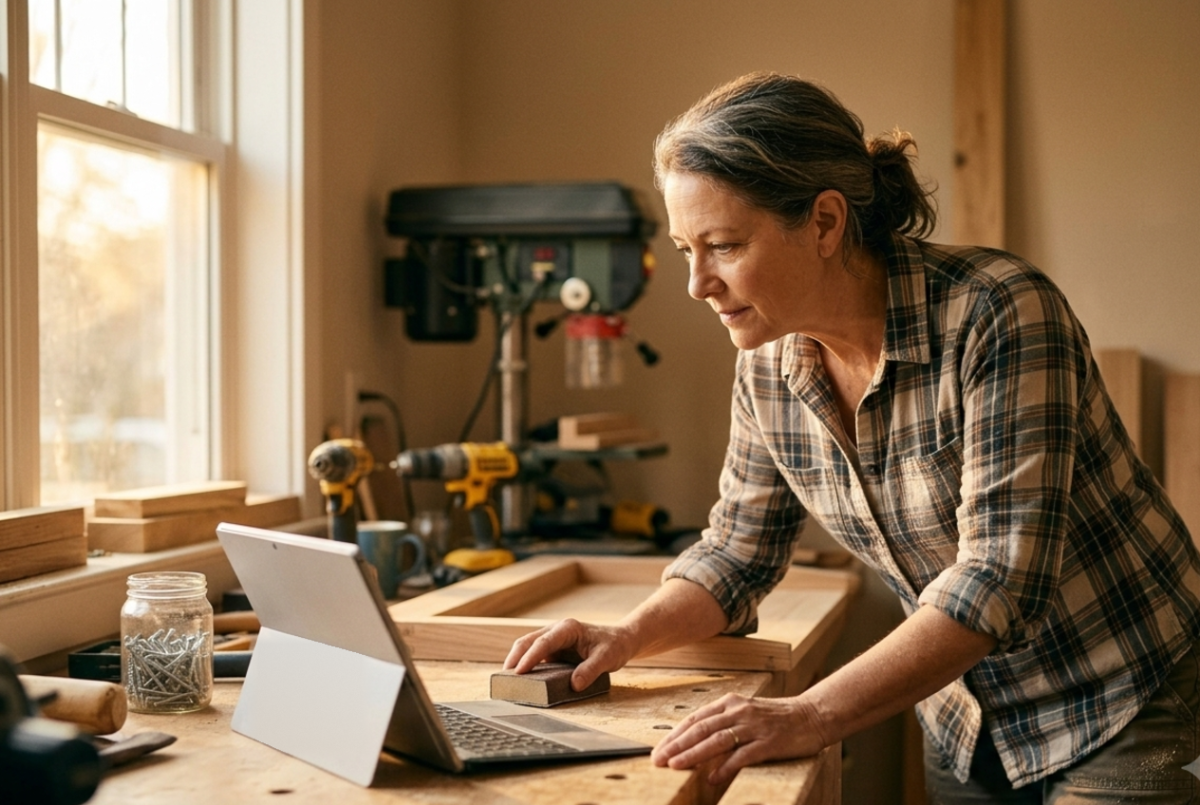 A woman in her sixties working at a bench with a laptop open beside her