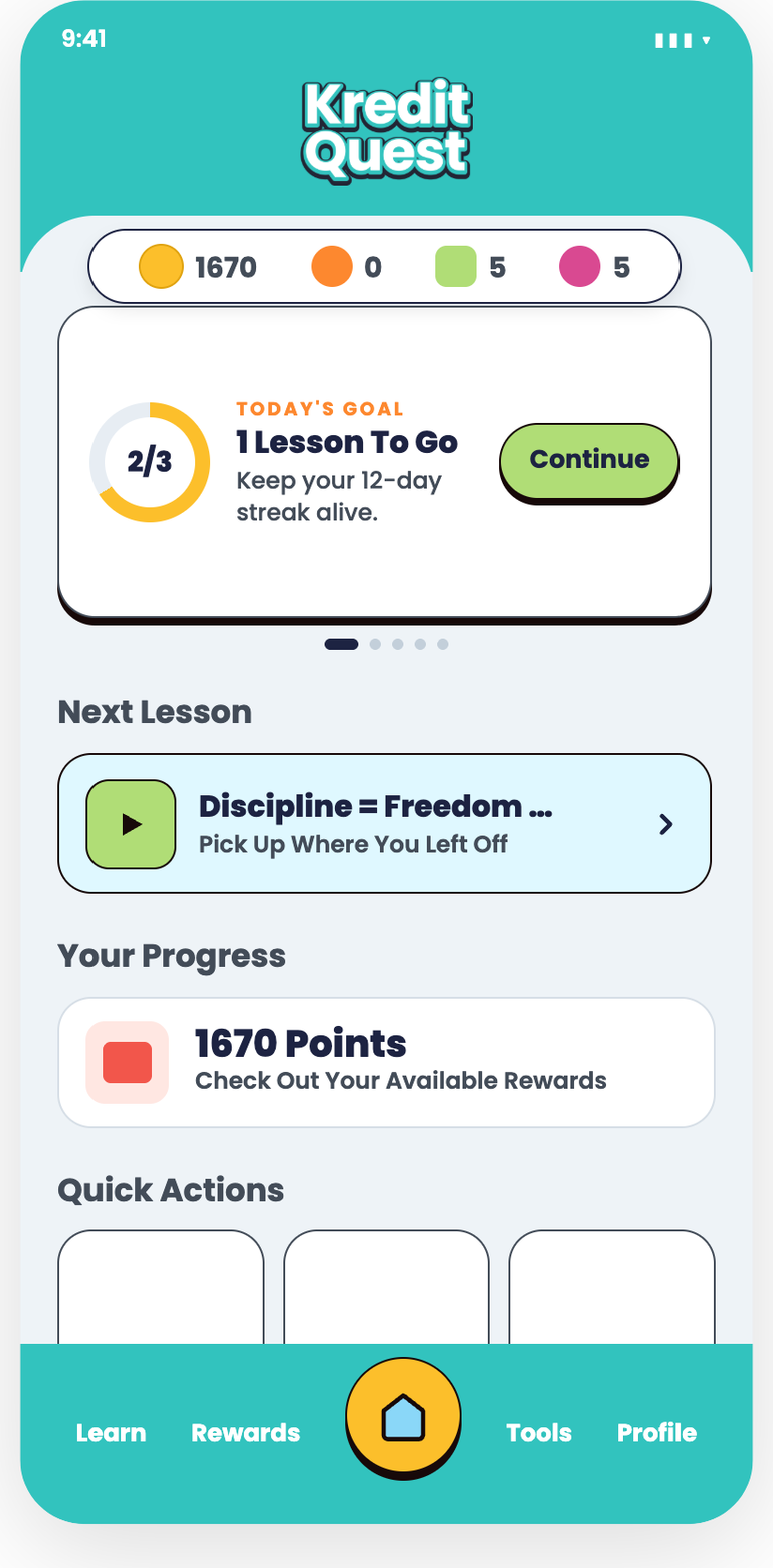 The updated Kredit Quest home screen showing Today's Goal with a progress ring, a streak stat and the next lesson