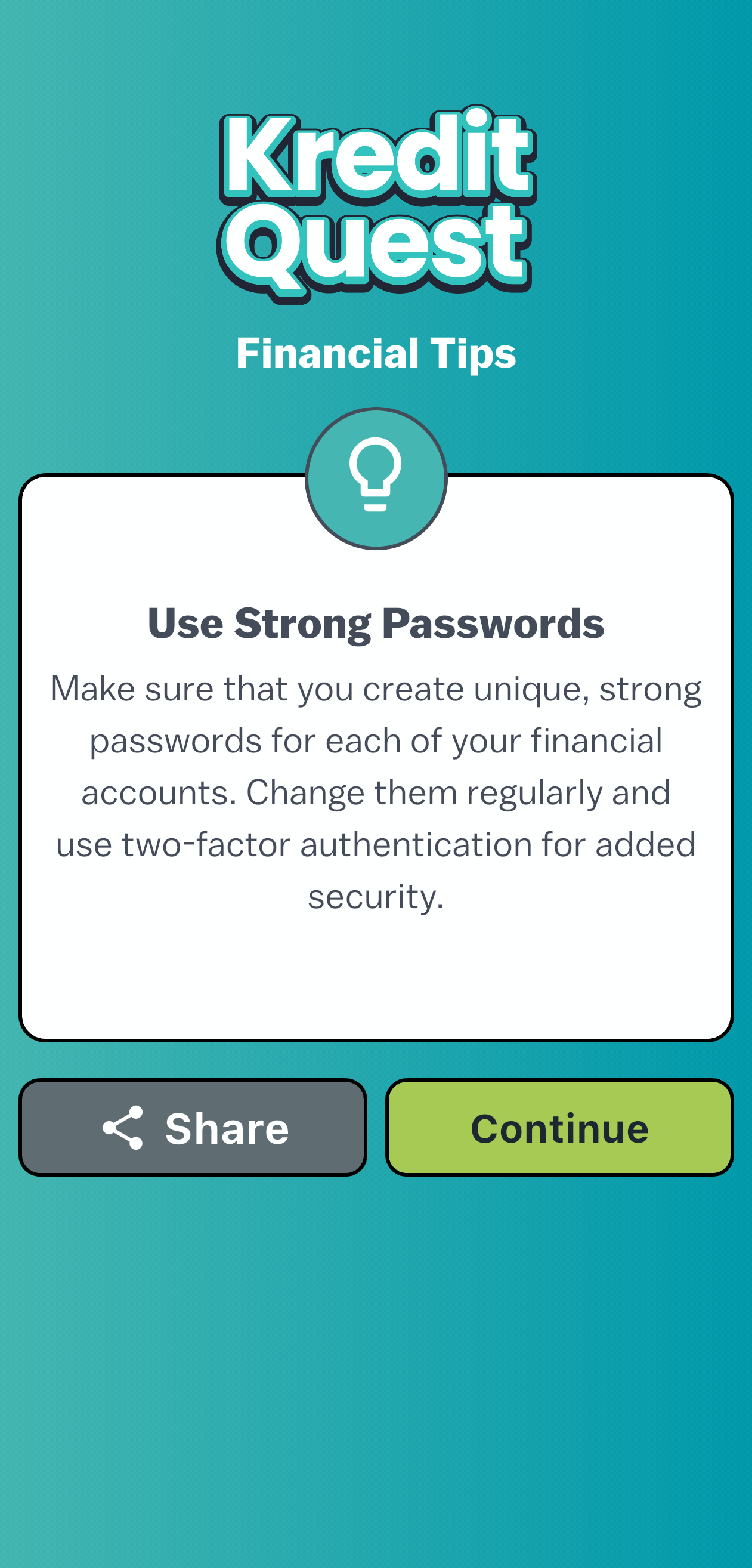 The Kredit Quest app opening on a rotating financial tip about using strong passwords