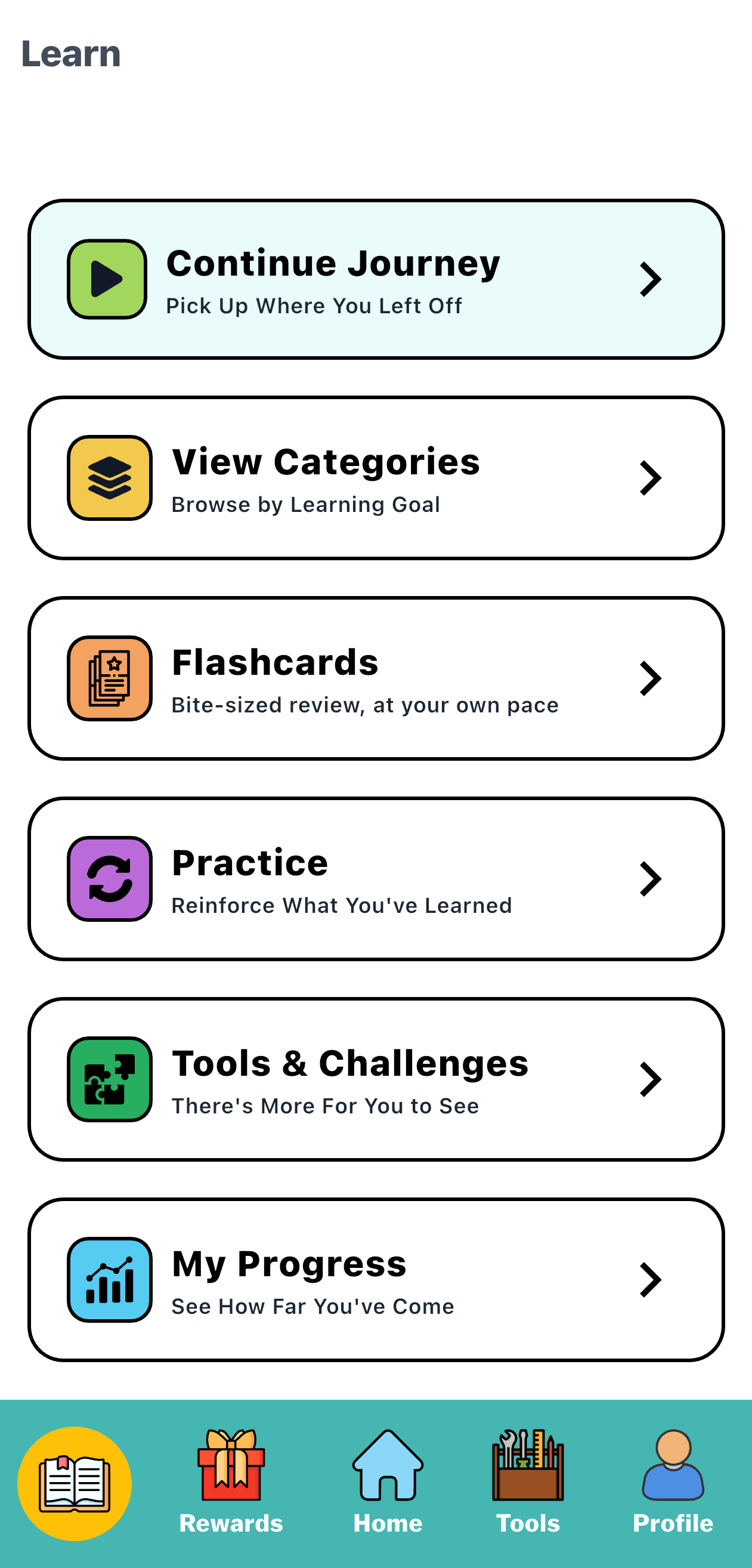 The Kredit Quest Learn screen with Continue Journey, categories, flashcards, practice and progress
