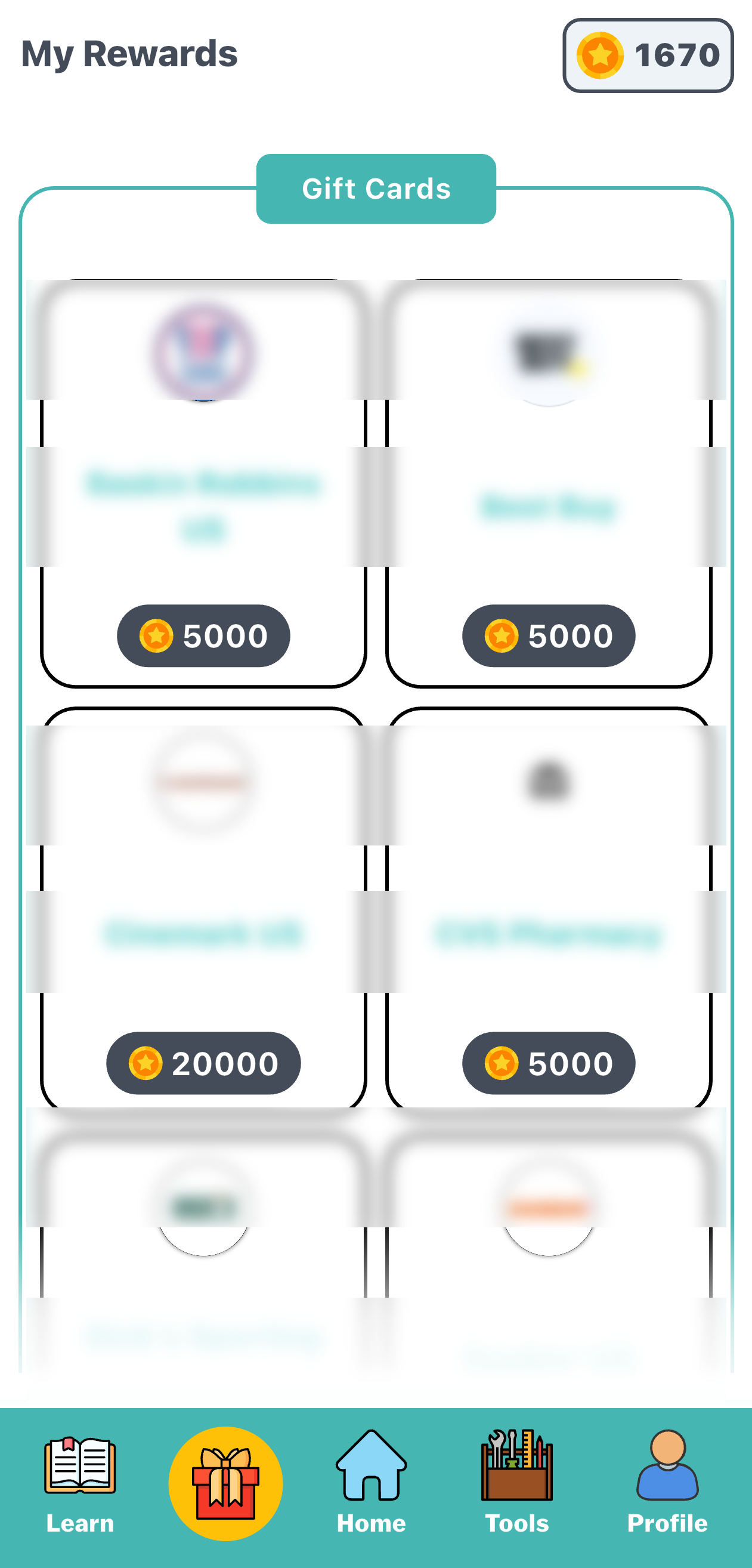 The Kredit Quest rewards catalogue showing gift cards priced in points, vendor names blurred