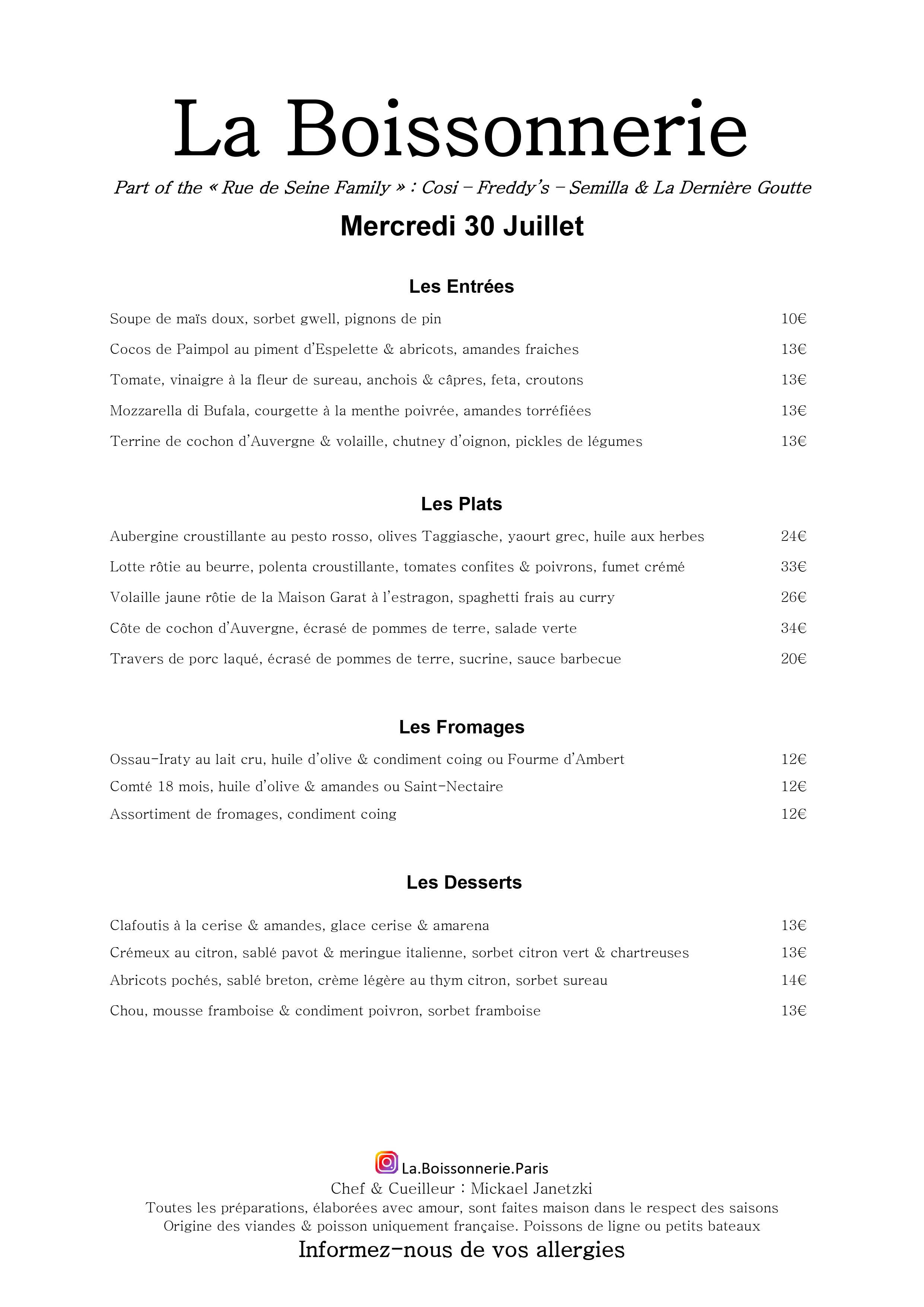 Menu de La Boissonnerie
