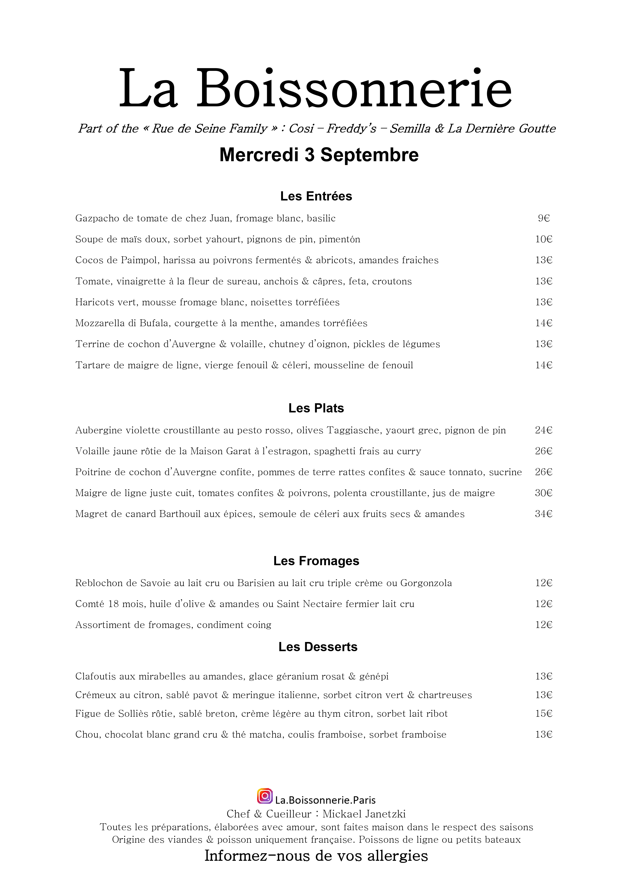 Menu de La Boissonnerie