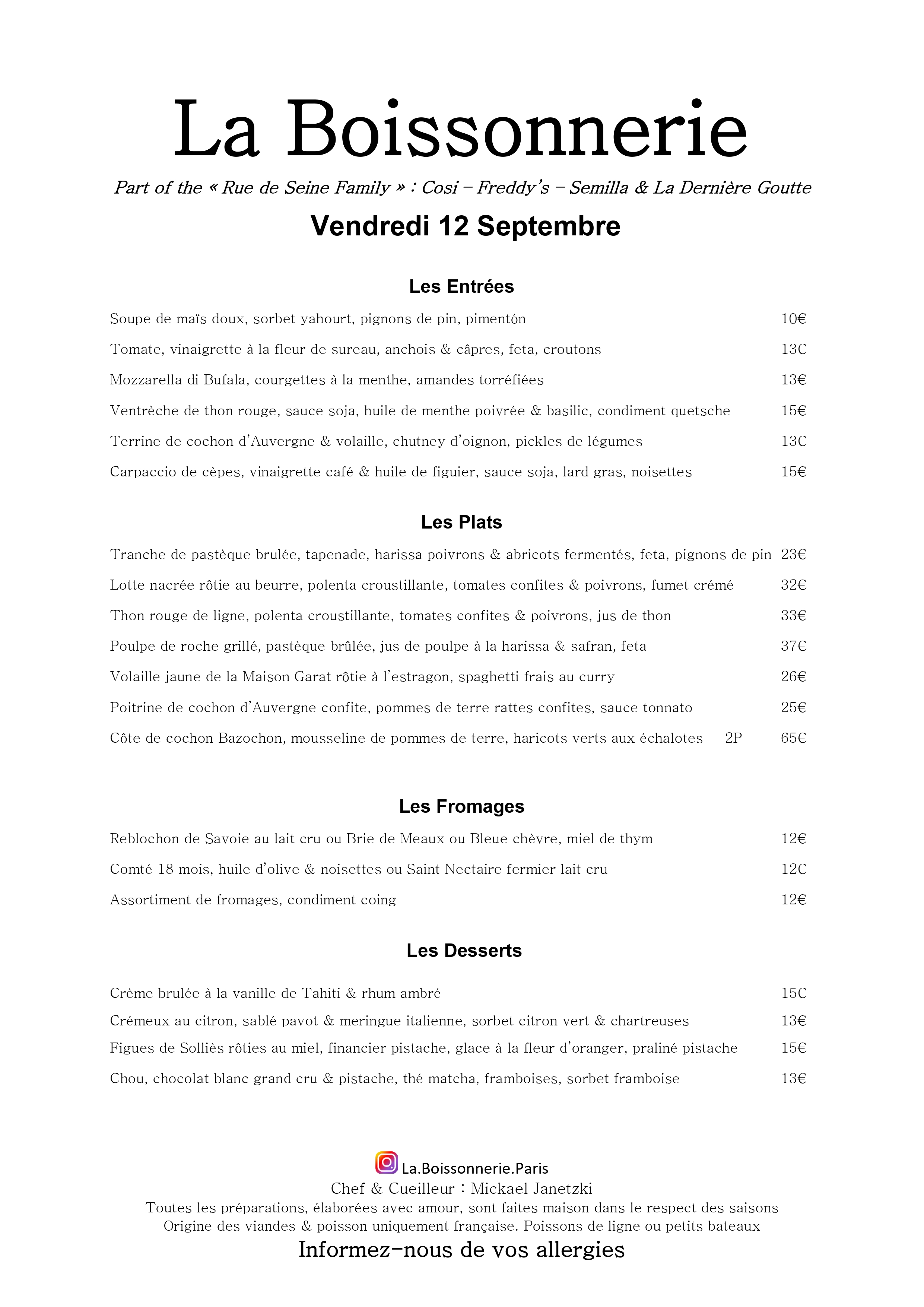 Menu de La Boissonnerie