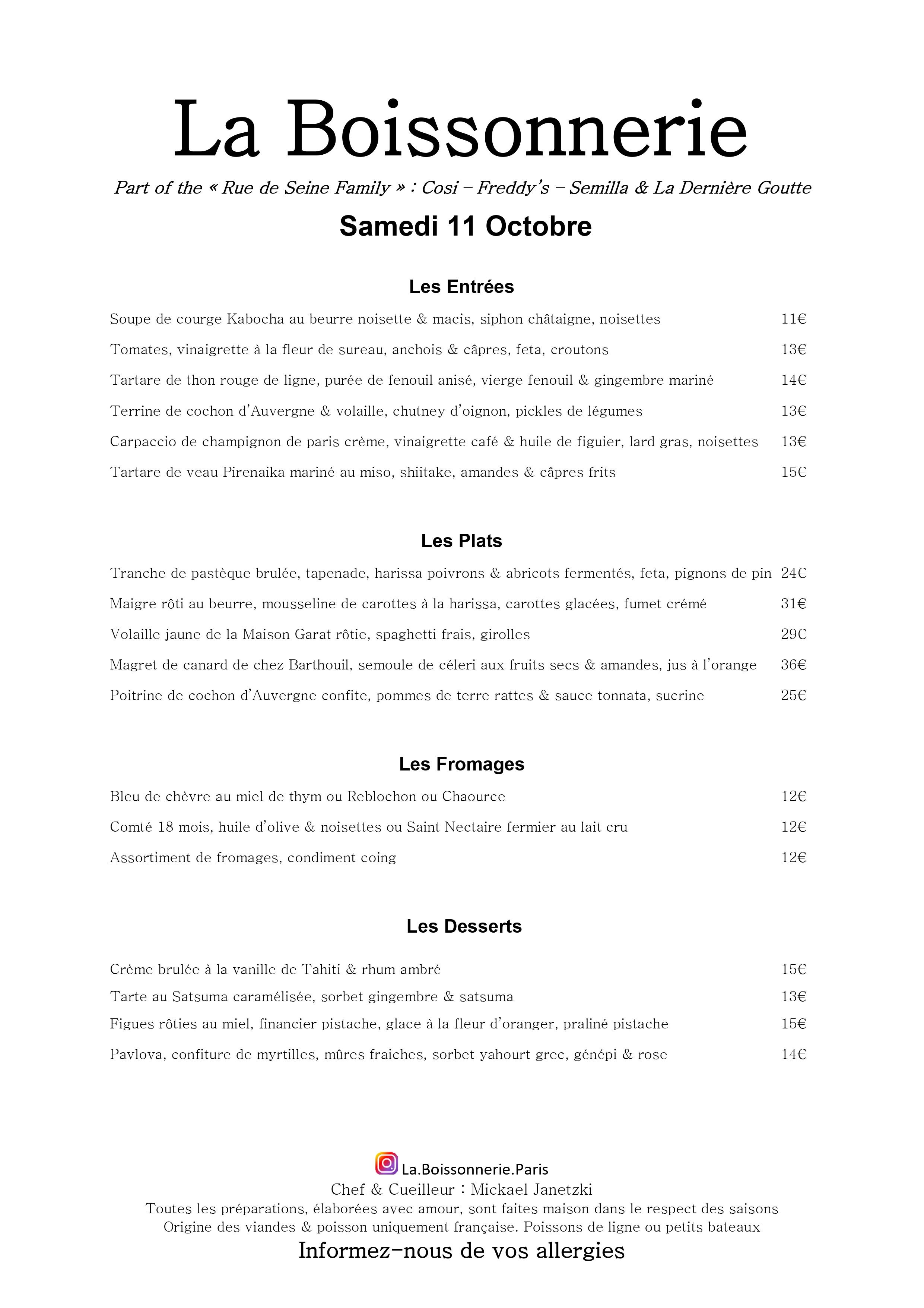 Menu de La Boissonnerie