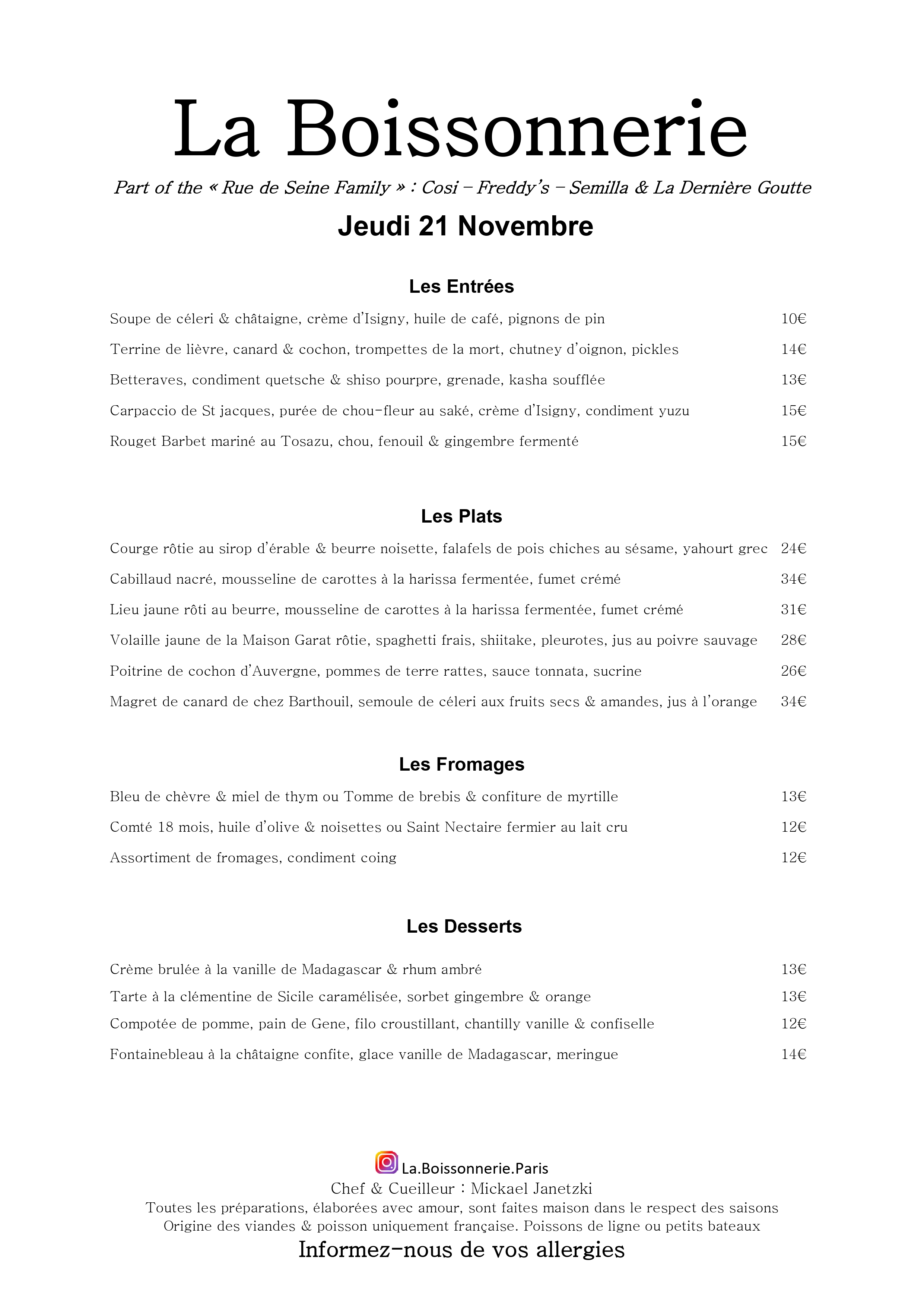 Menu de La Boissonnerie