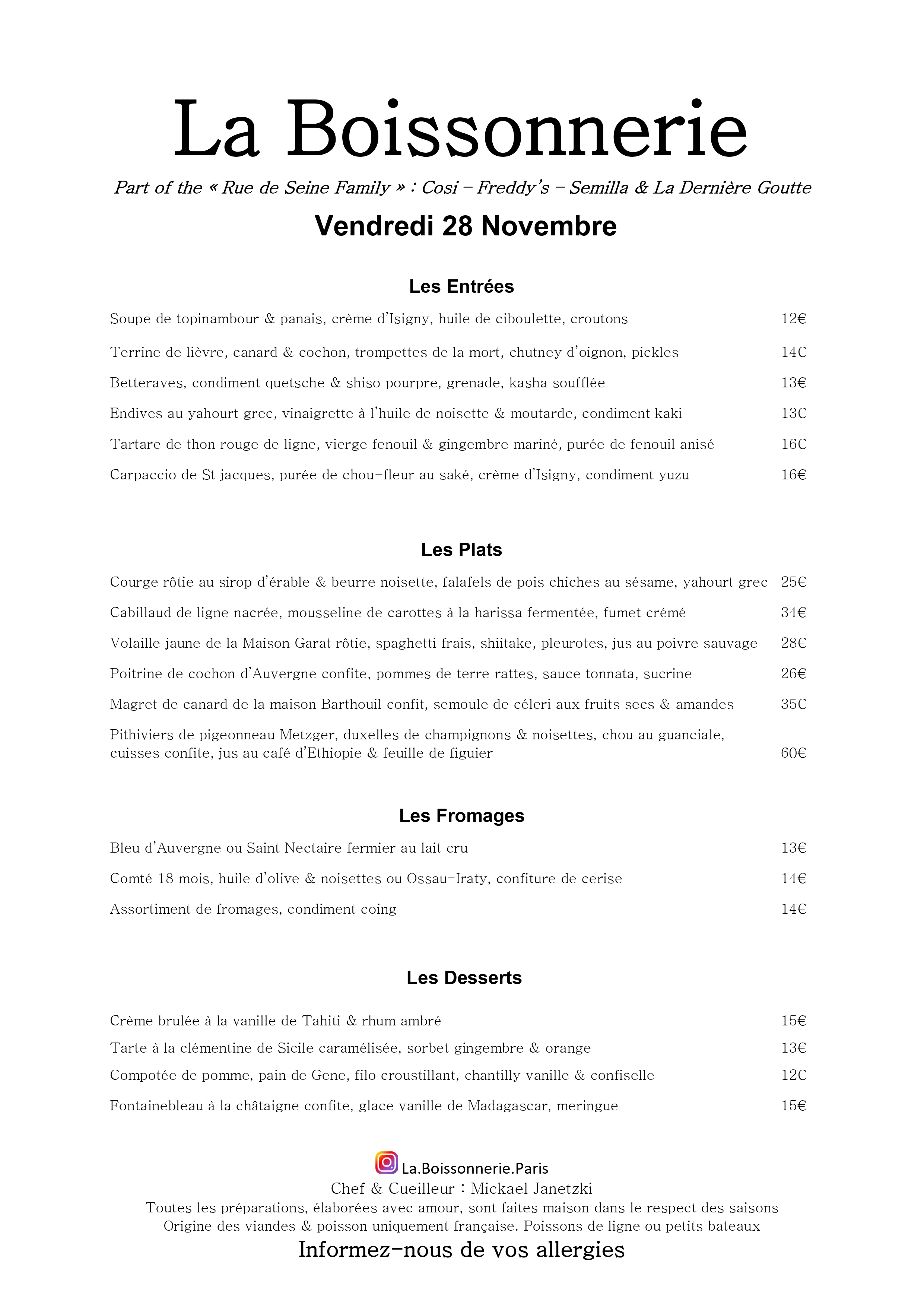 Menu de La Boissonnerie
