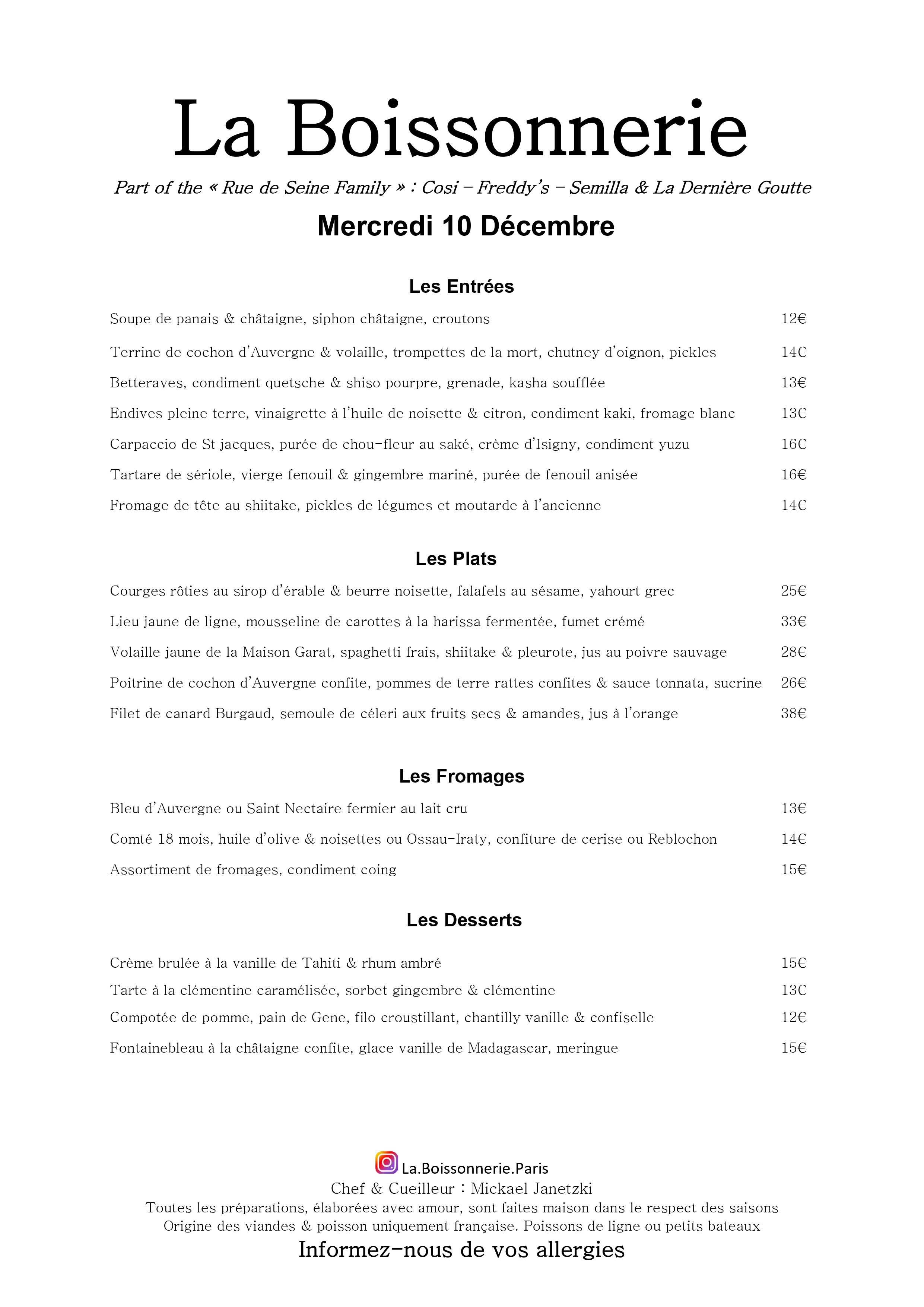 Menu de La Boissonnerie