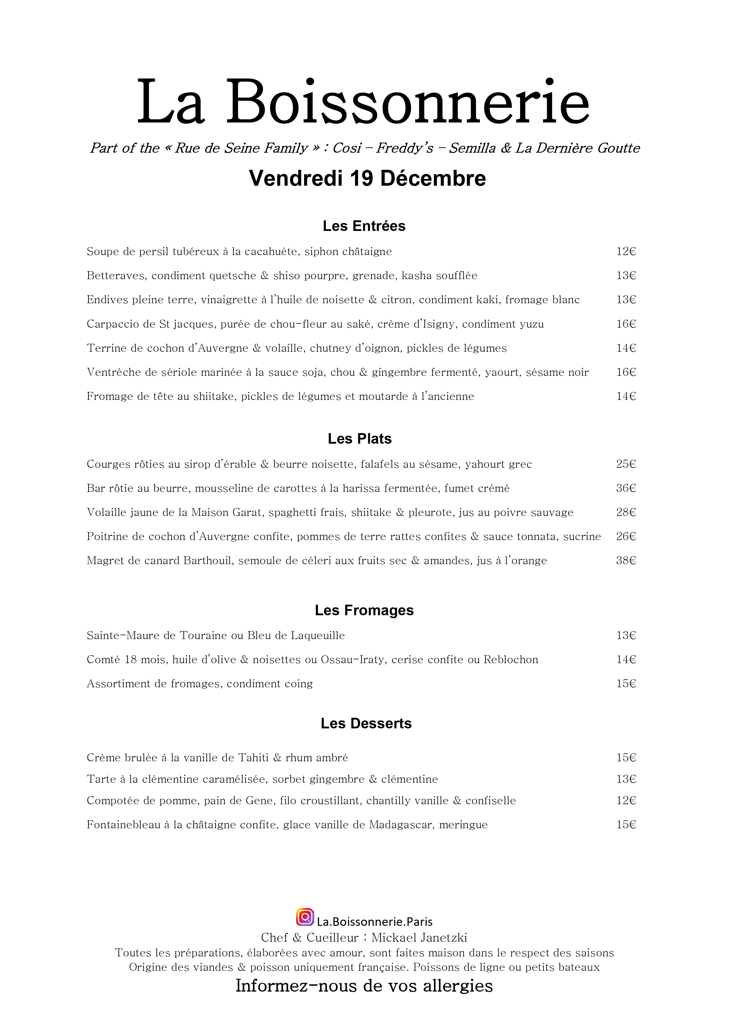 Menu de La Boissonnerie
