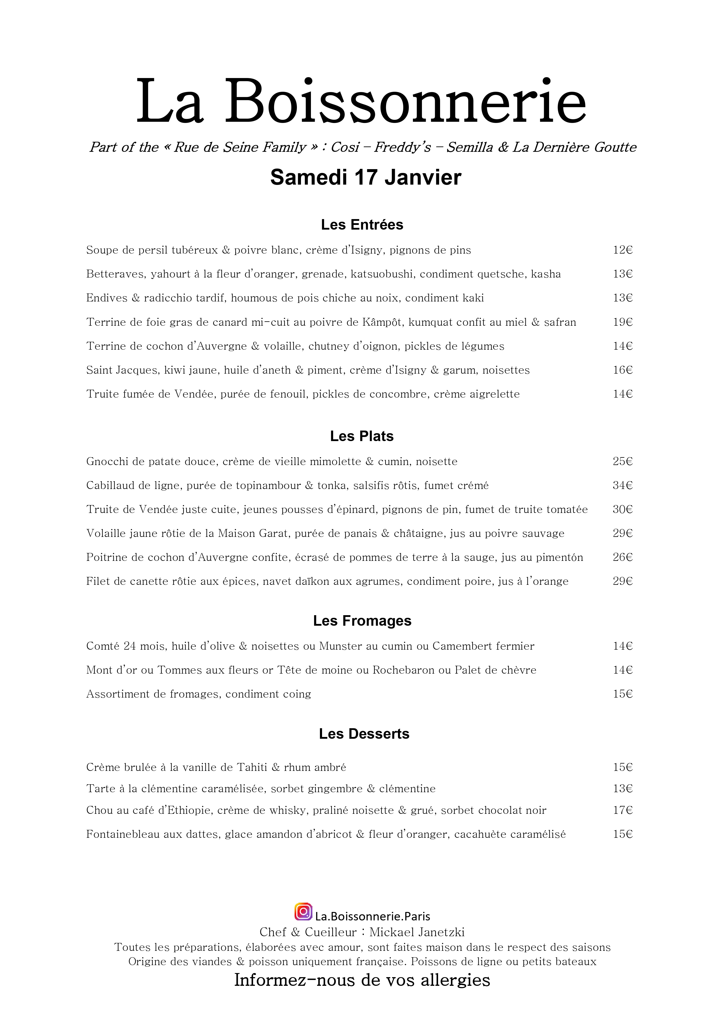 Menu de La Boissonnerie