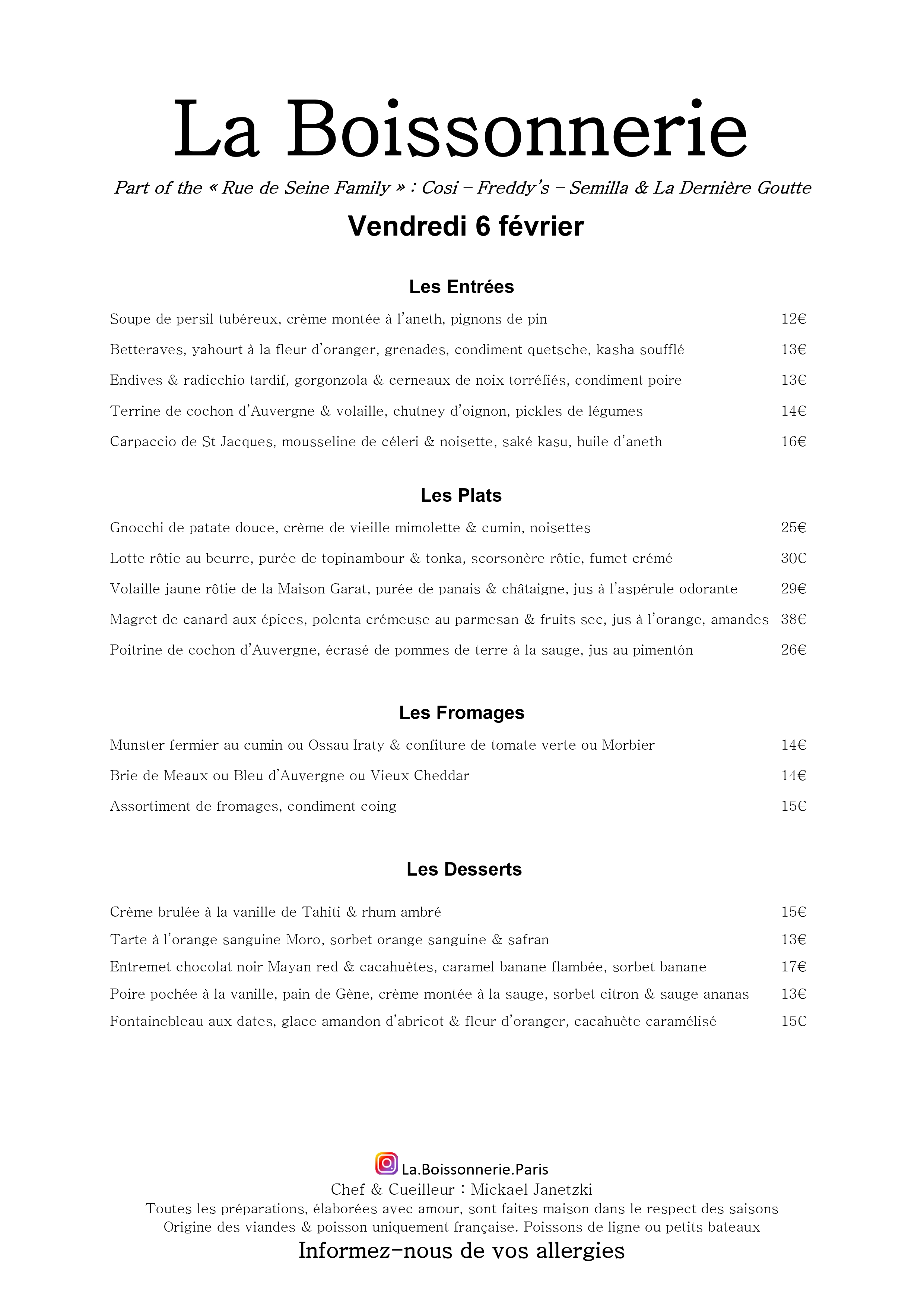 Menu de La Boissonnerie