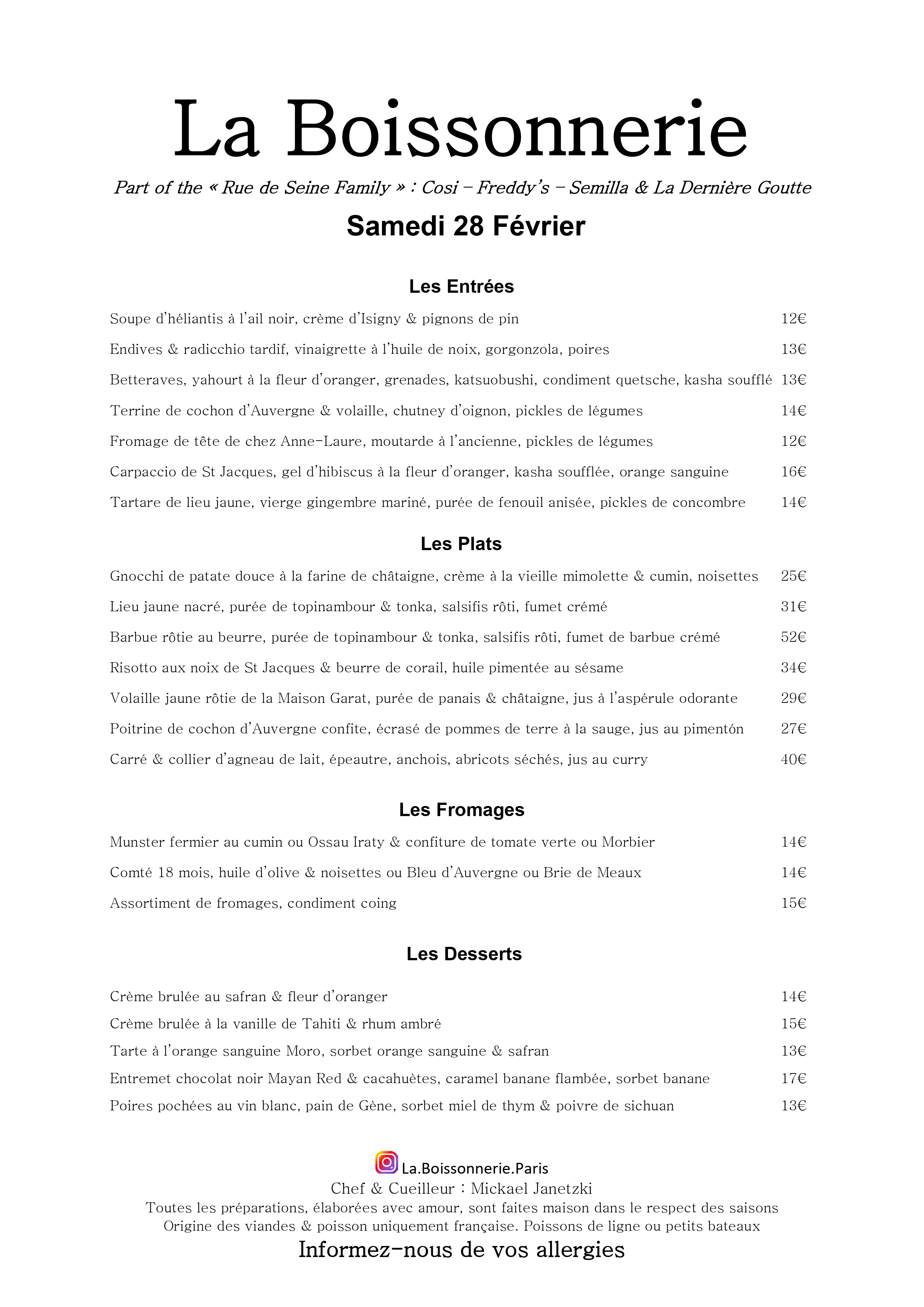 Menu de La Boissonnerie
