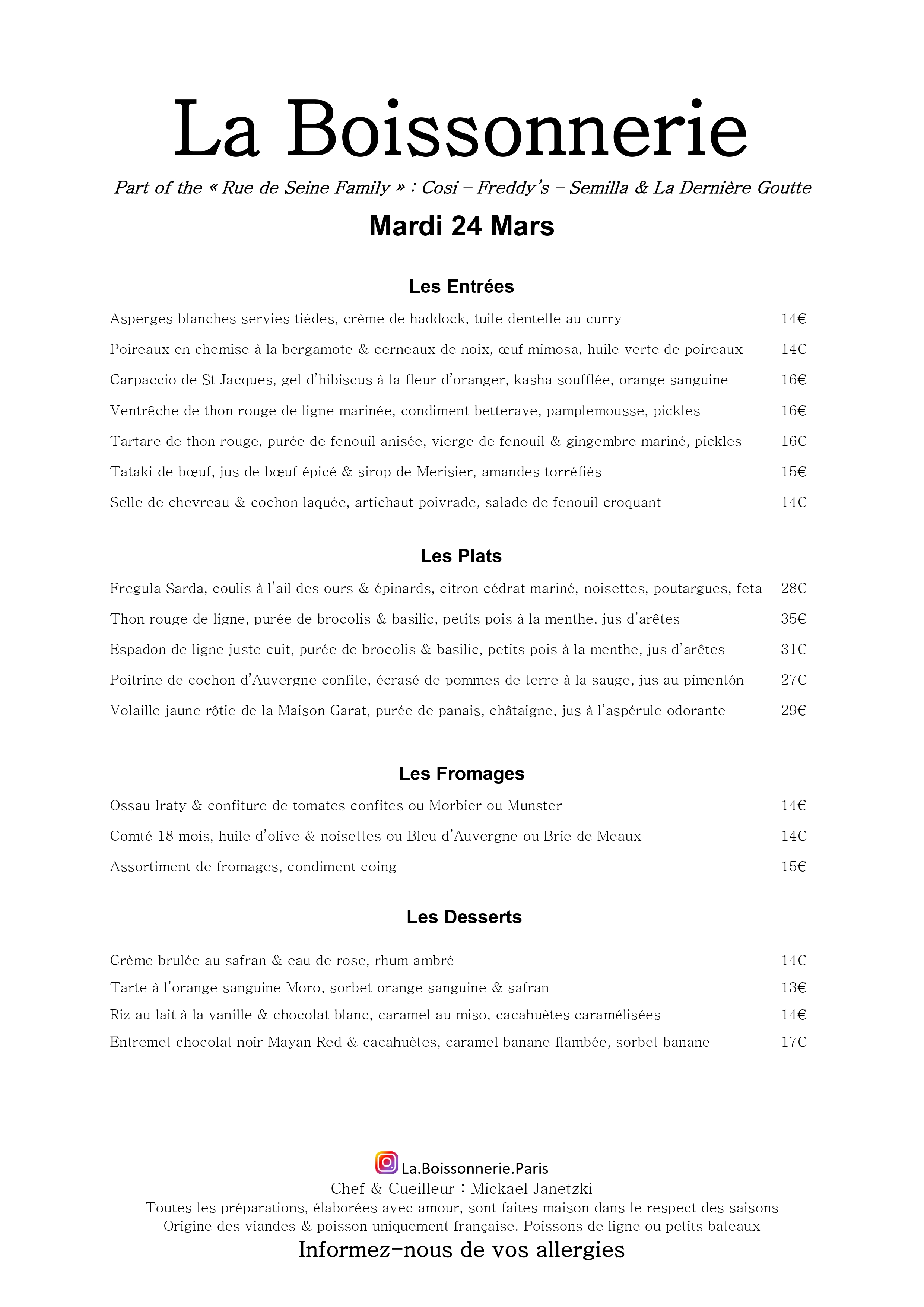 Menu de La Boissonnerie