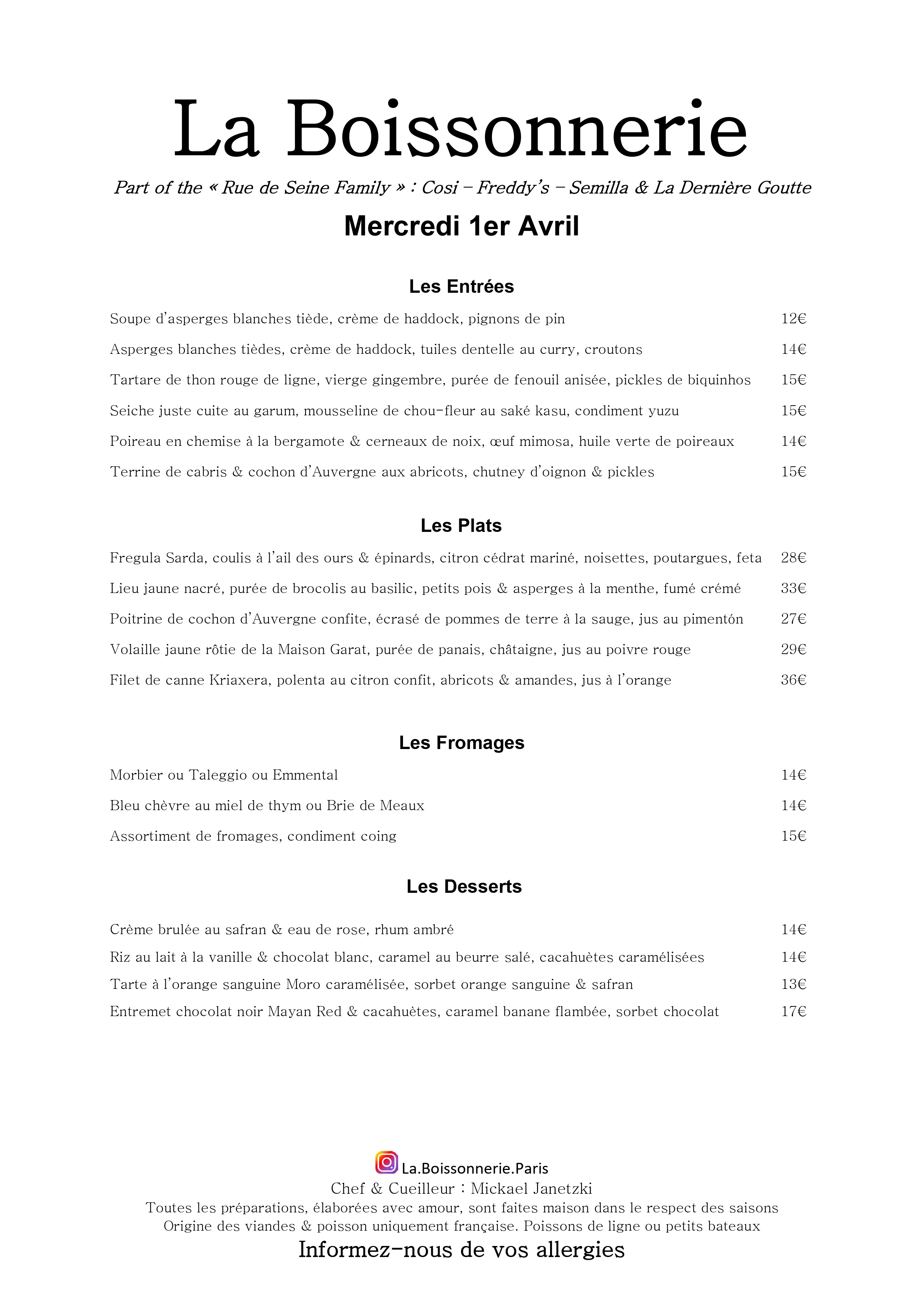 Menu de La Boissonnerie