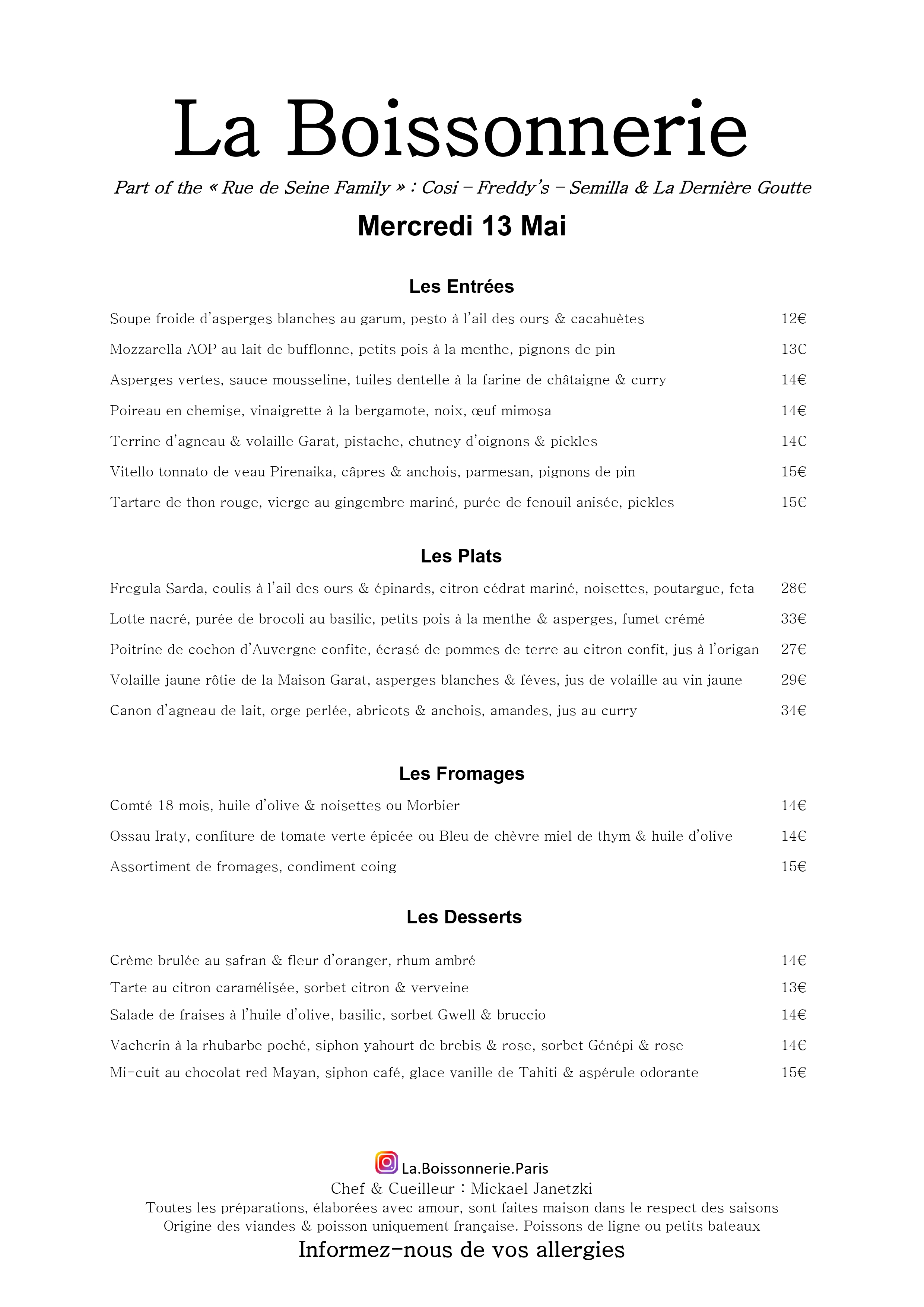Menu de La Boissonnerie