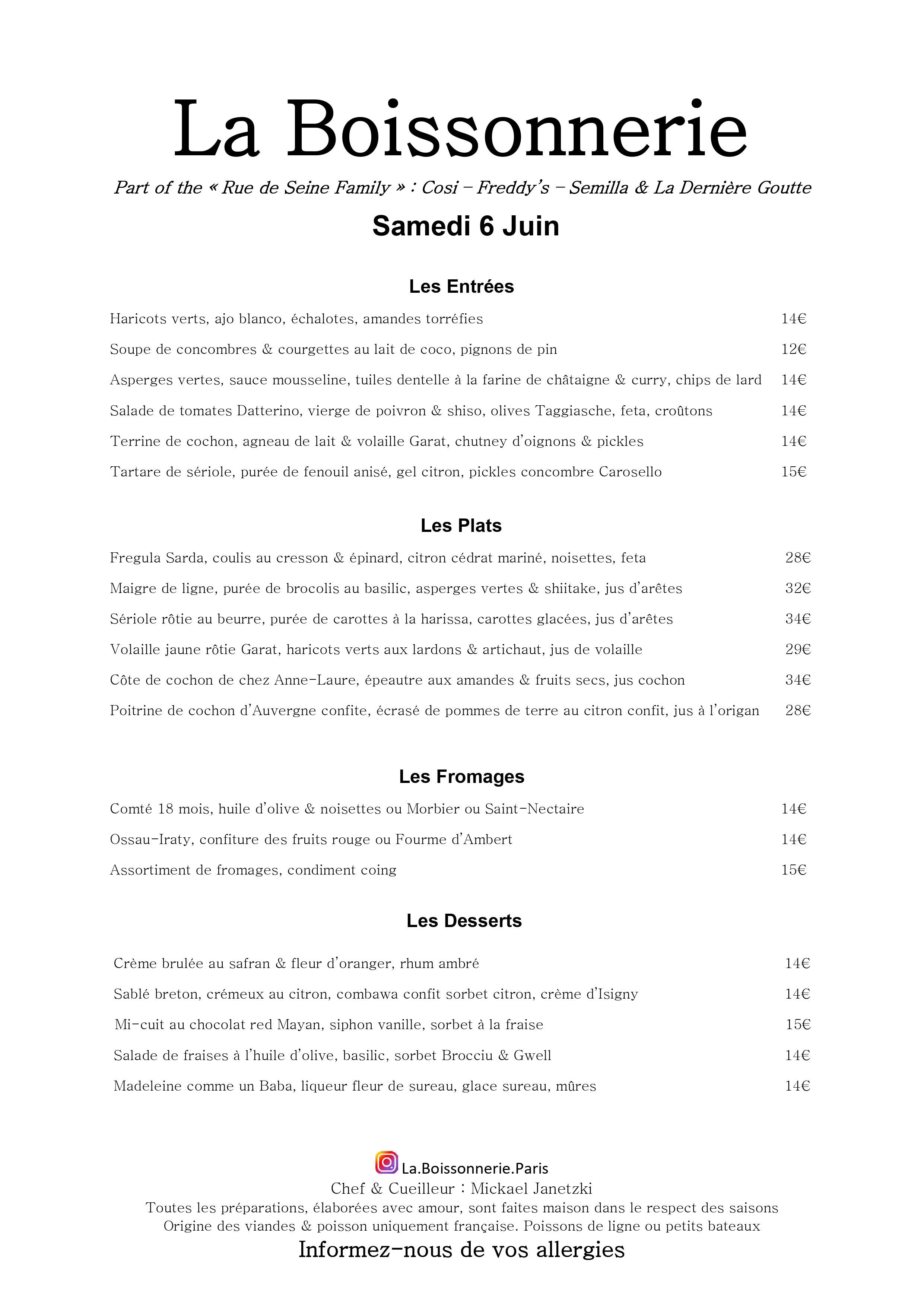 Menu de La Boissonnerie