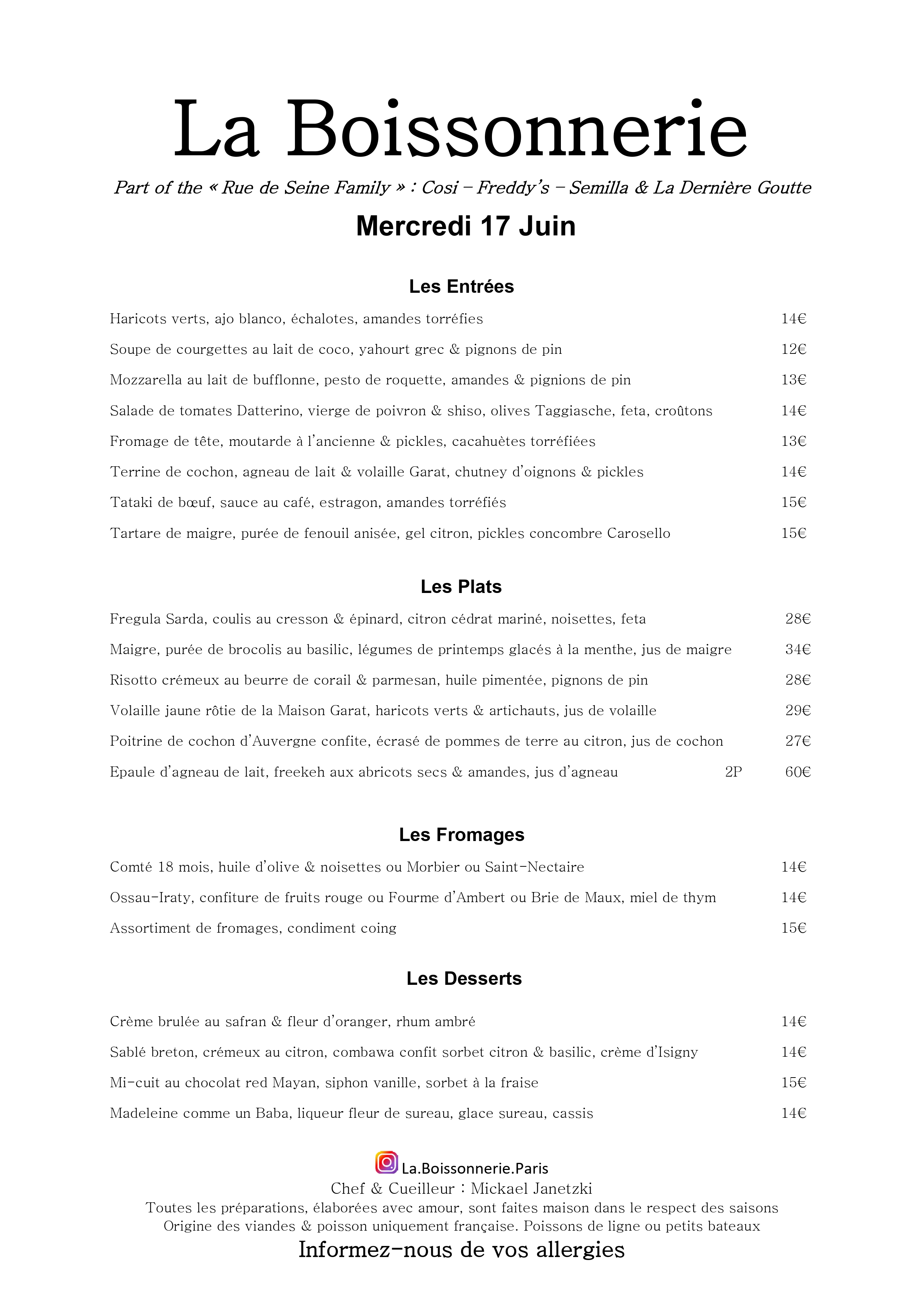 Menu de La Boissonnerie