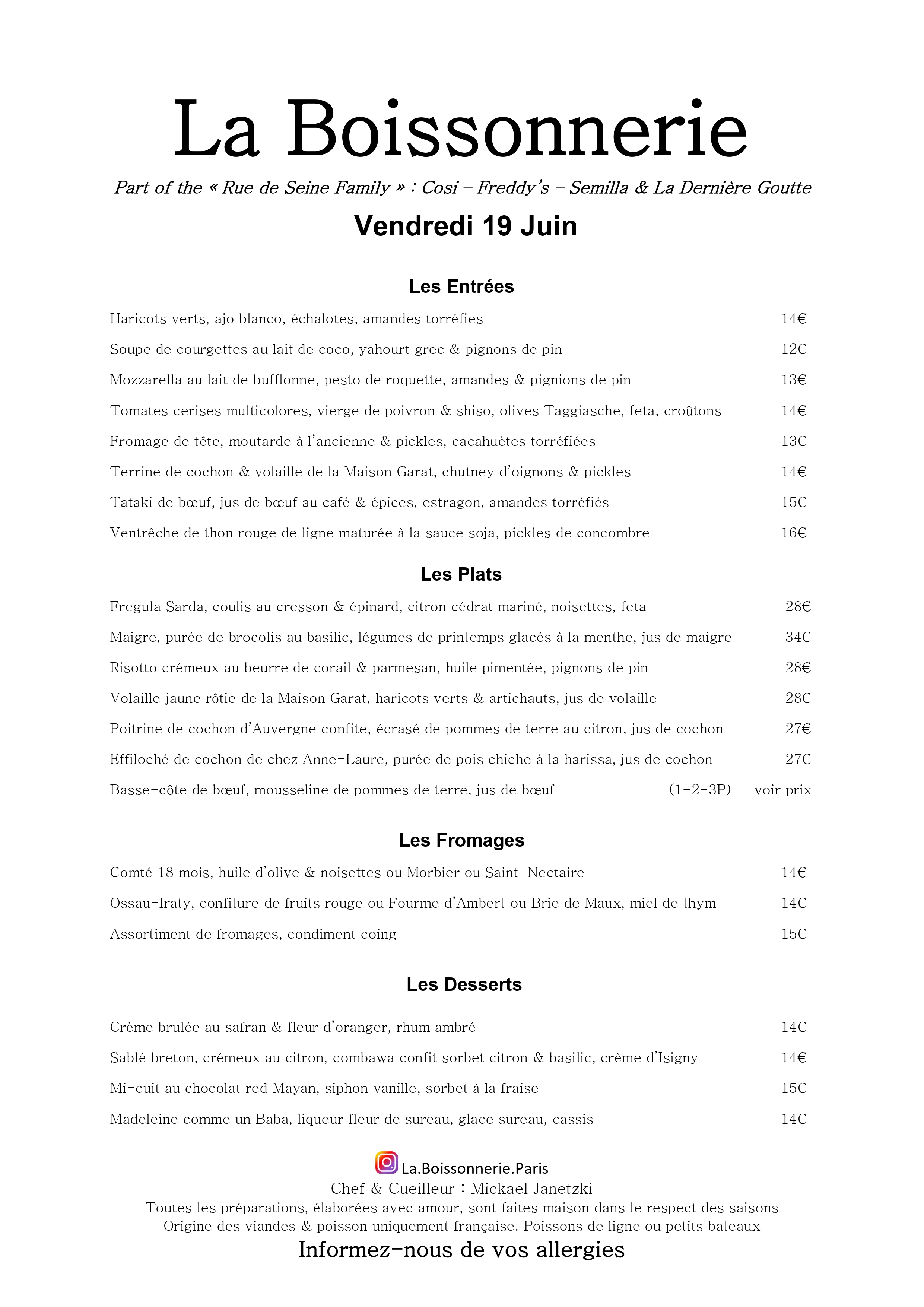 Menu de La Boissonnerie