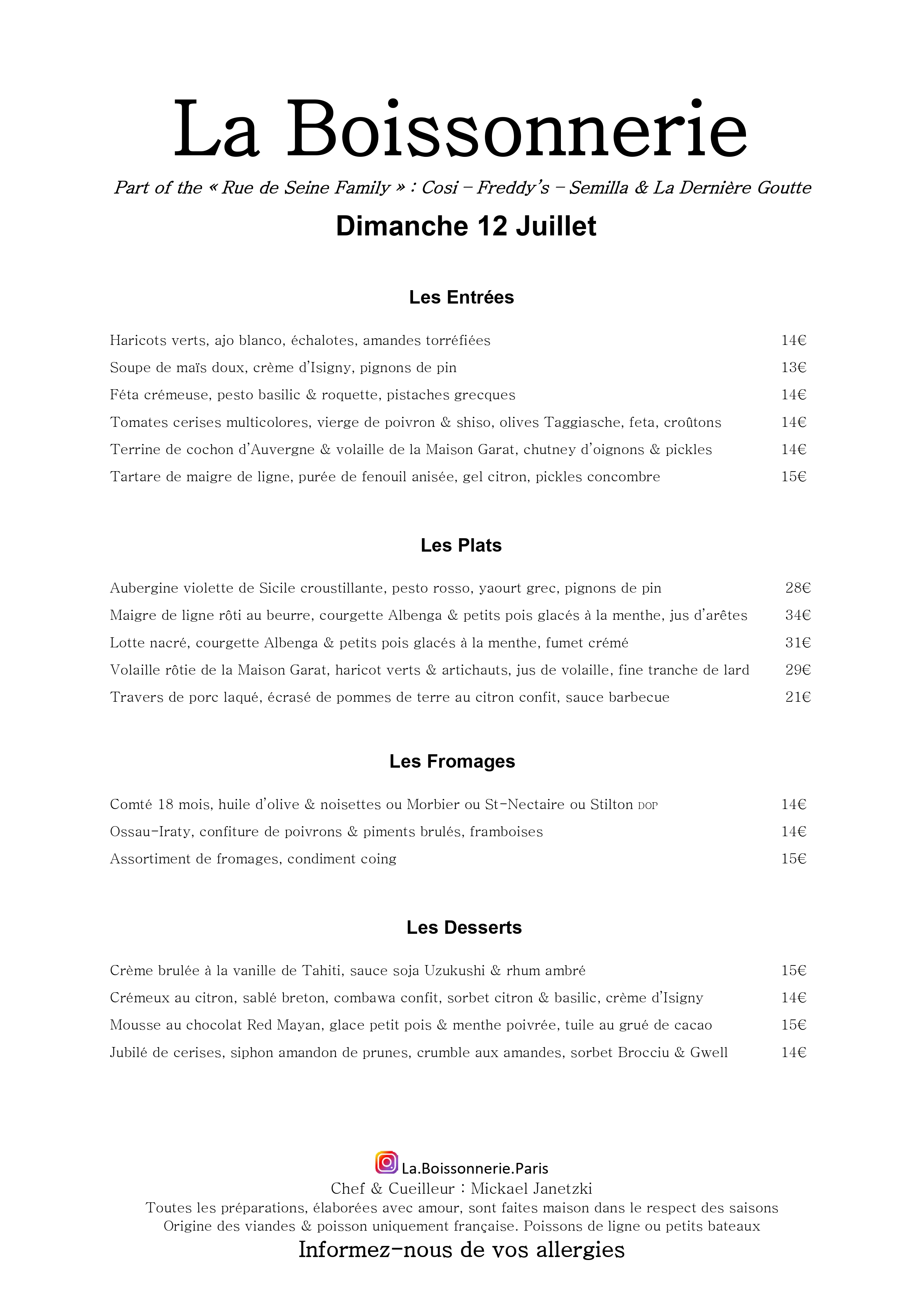 Menu de La Boissonnerie