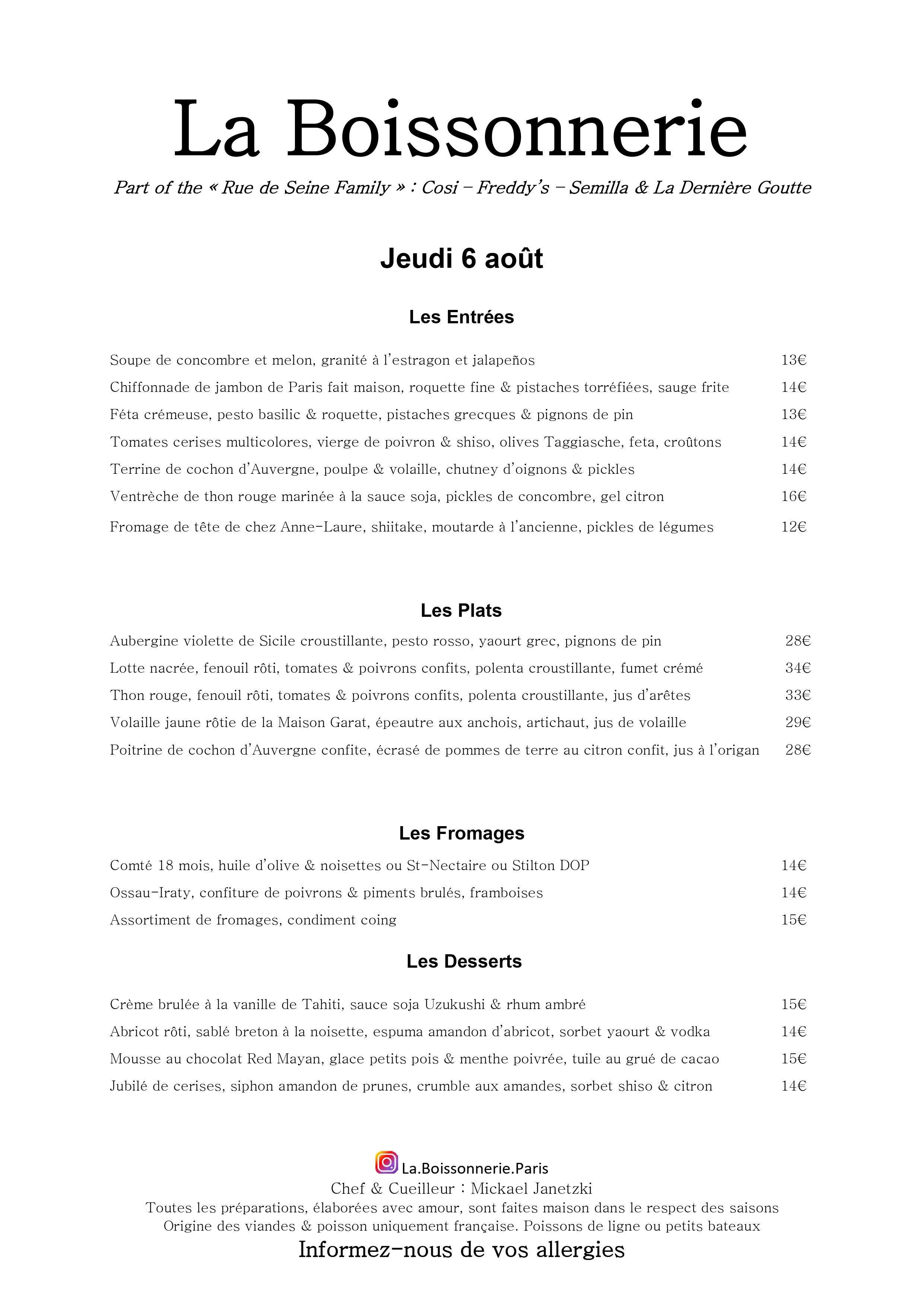 Menu de La Boissonnerie