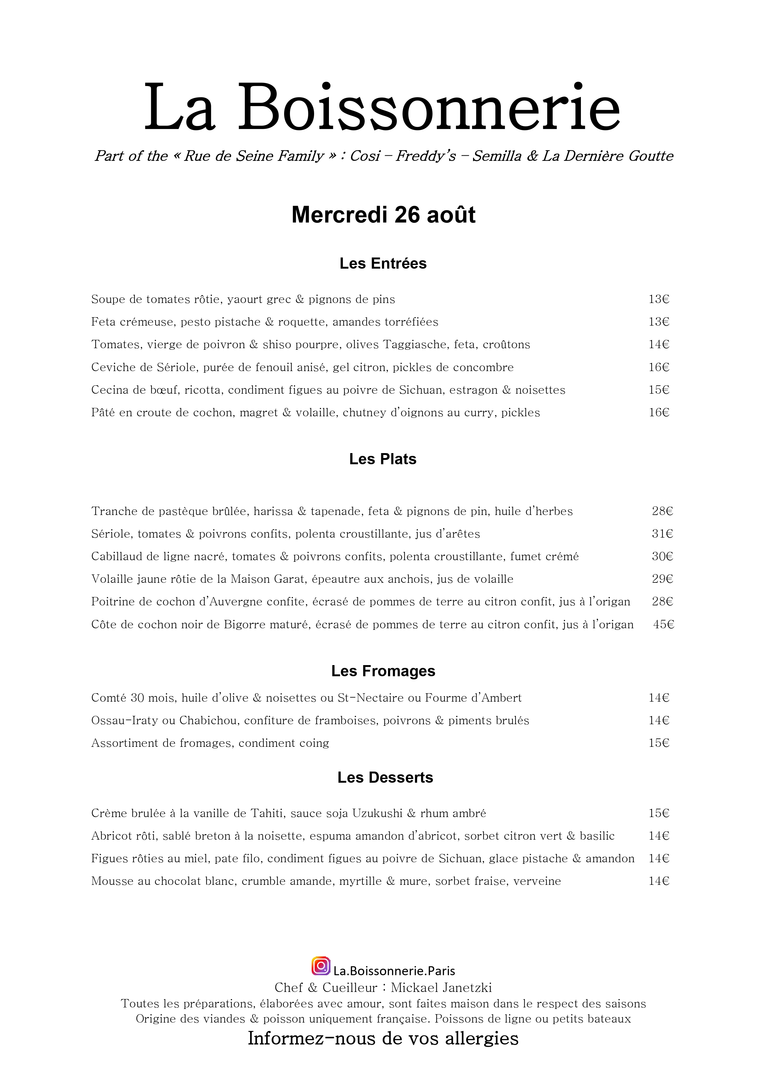 Menu de La Boissonnerie