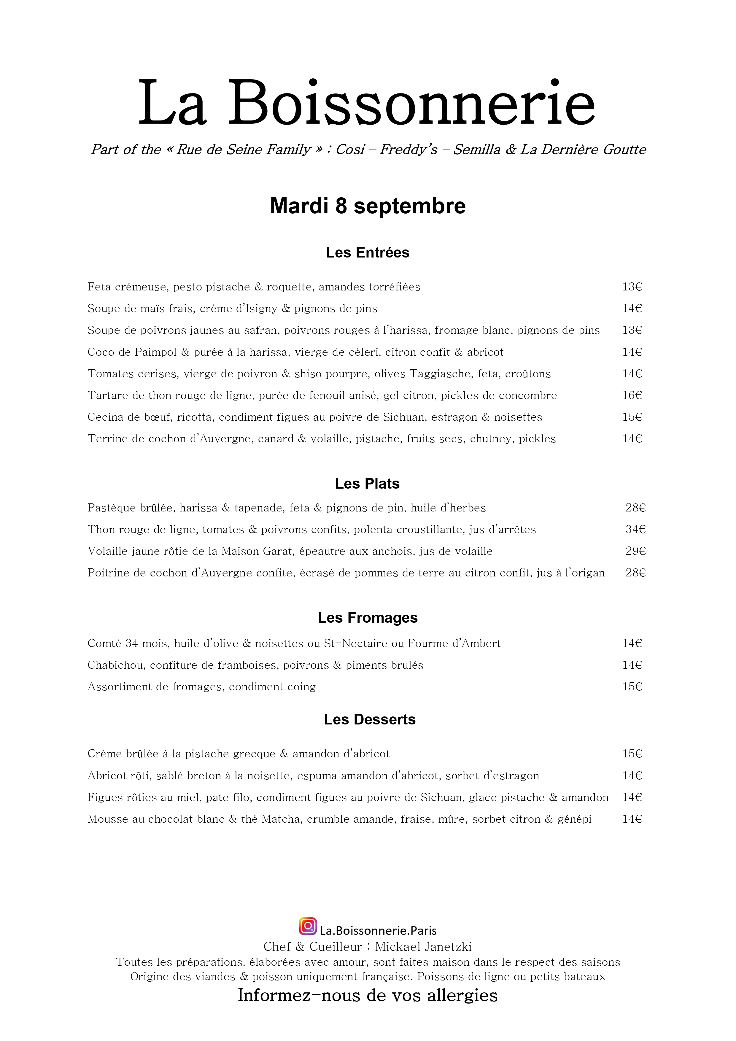 Menu de La Boissonnerie