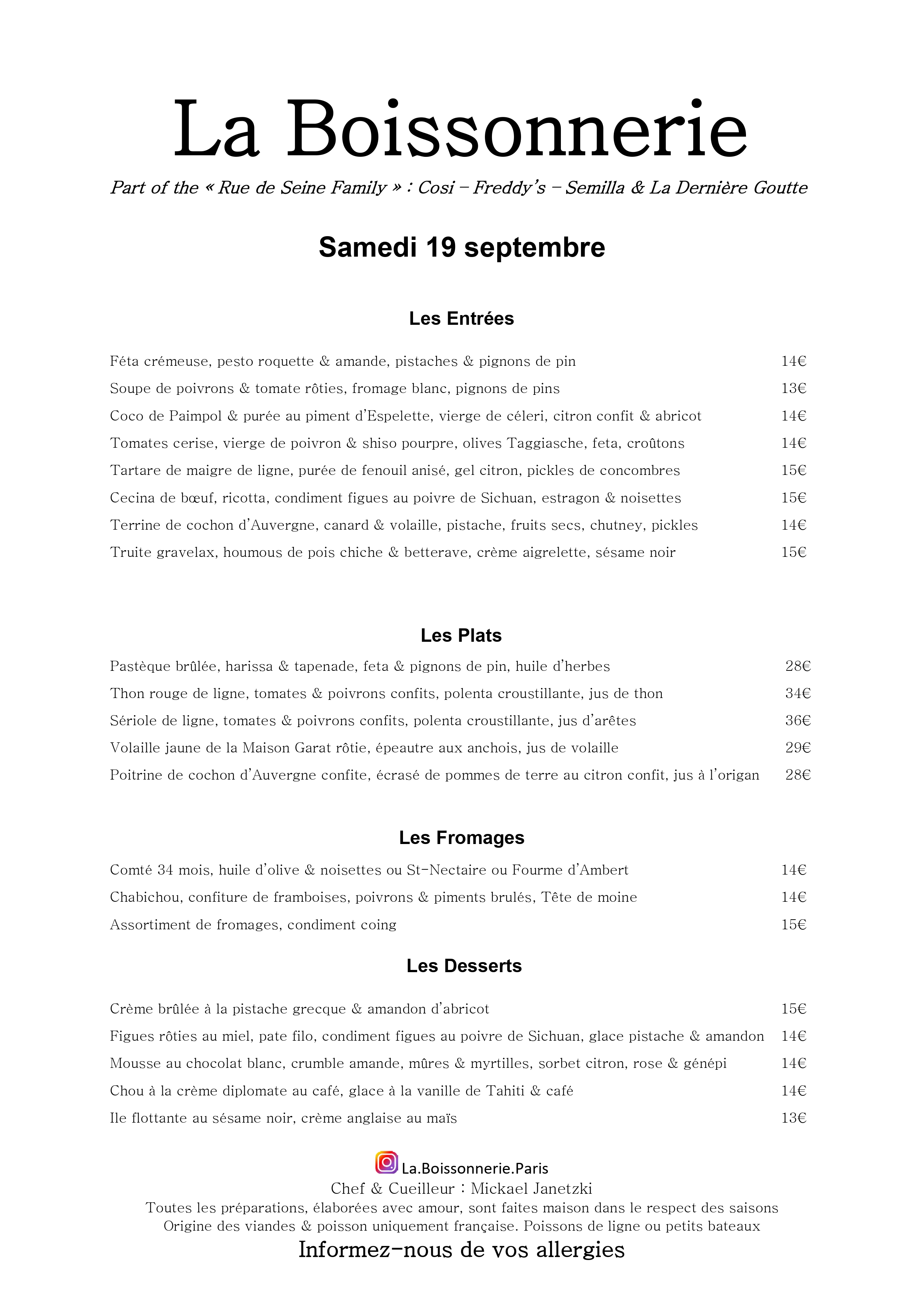 Menu de La Boissonnerie
