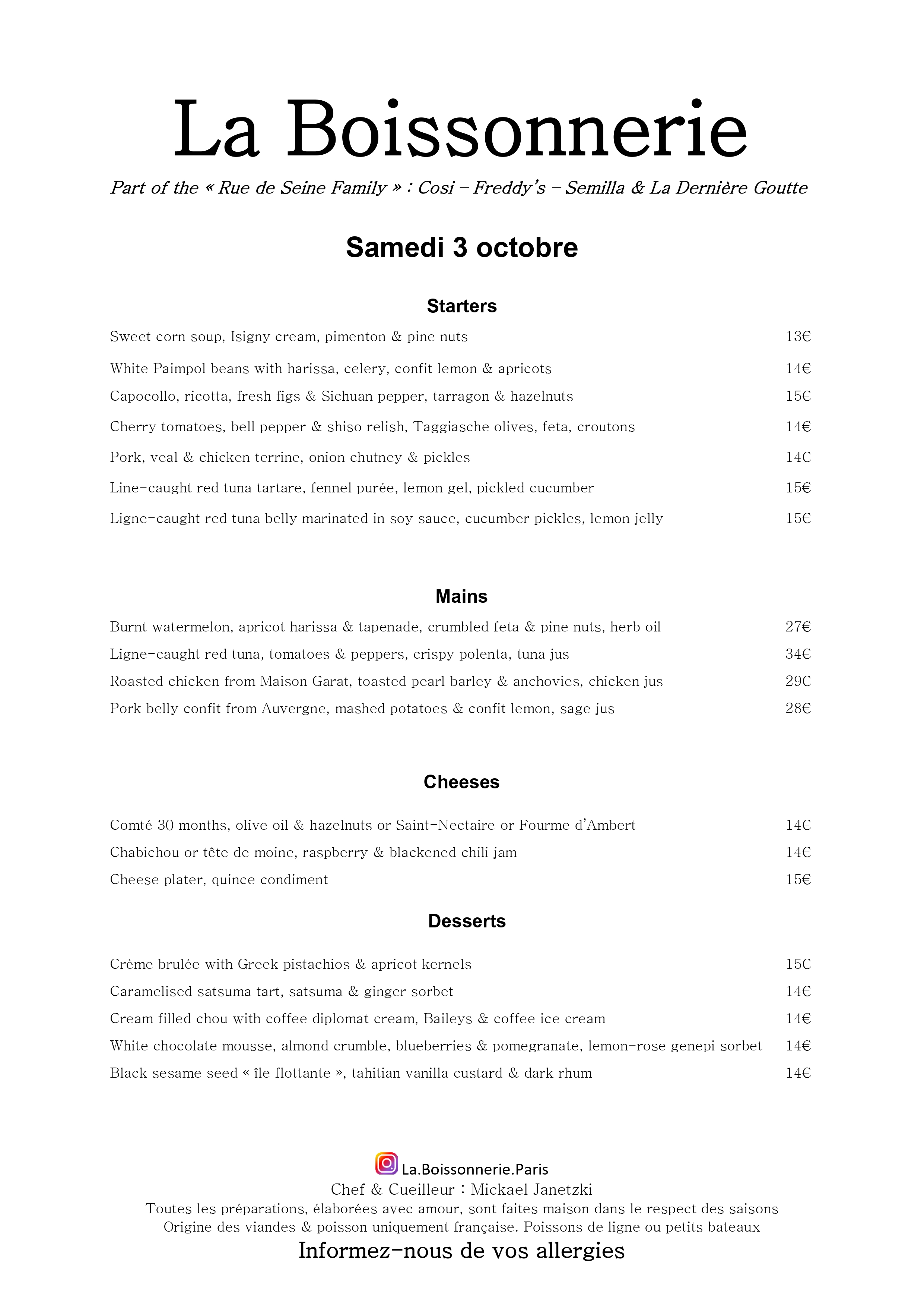 Menu de La Boissonnerie