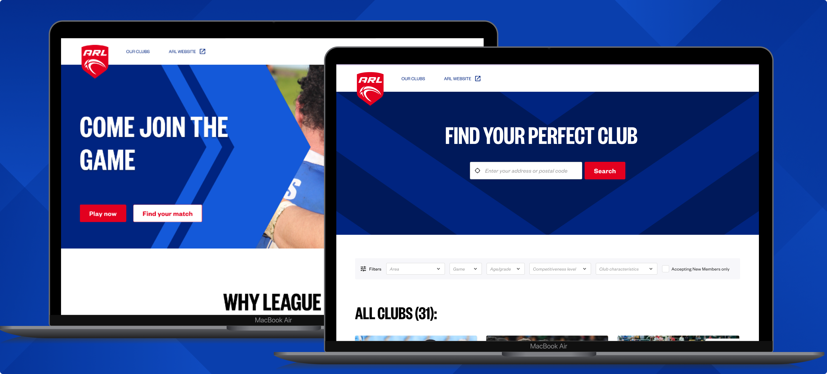 Views from the ARL play league home page and club directory