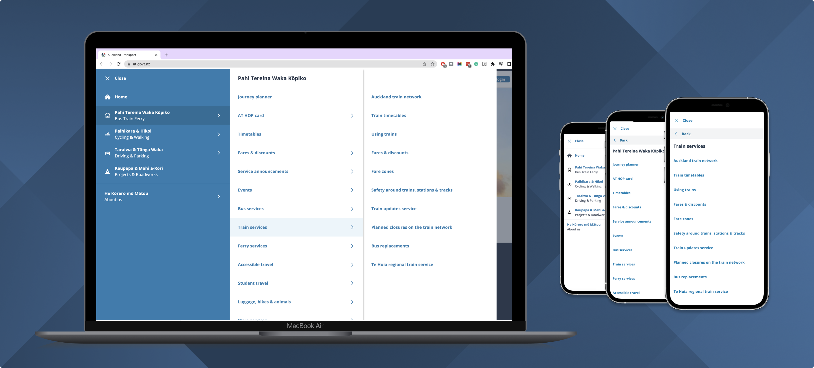 Screenshot of desktop and mobile versions of Auckland Transport navigation