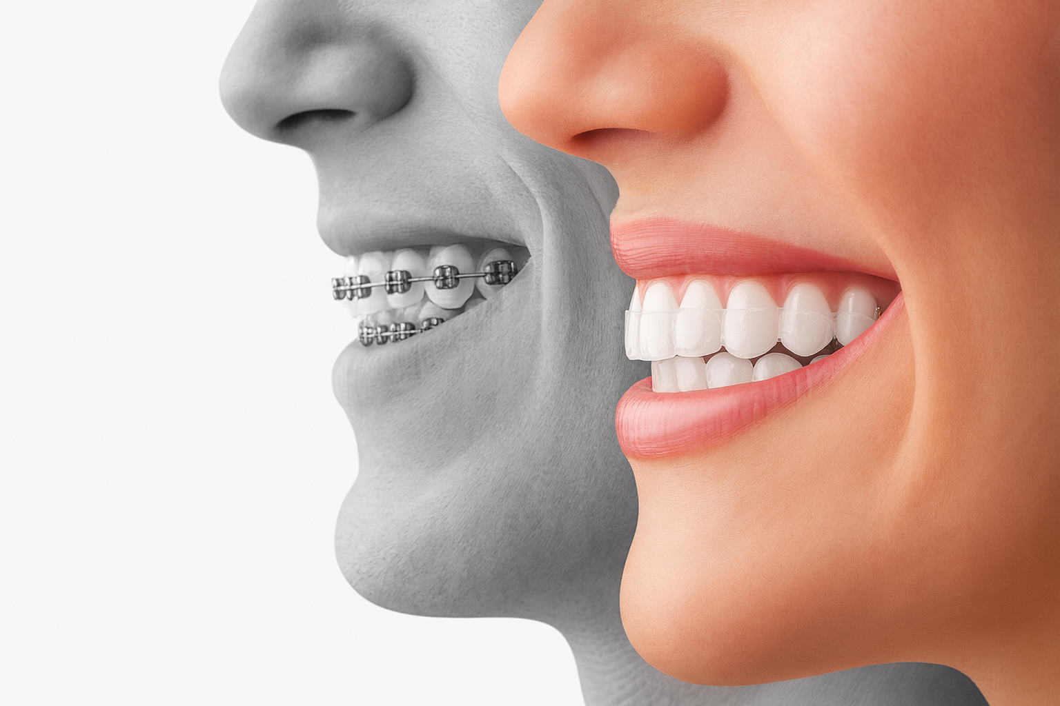 A side-by-side comparison of two smiling profiles: the left side is in black and white, showing traditional metal braces, while the right side is in full color, showing clear aligners on straight white teeth with natural lips and skin tone.